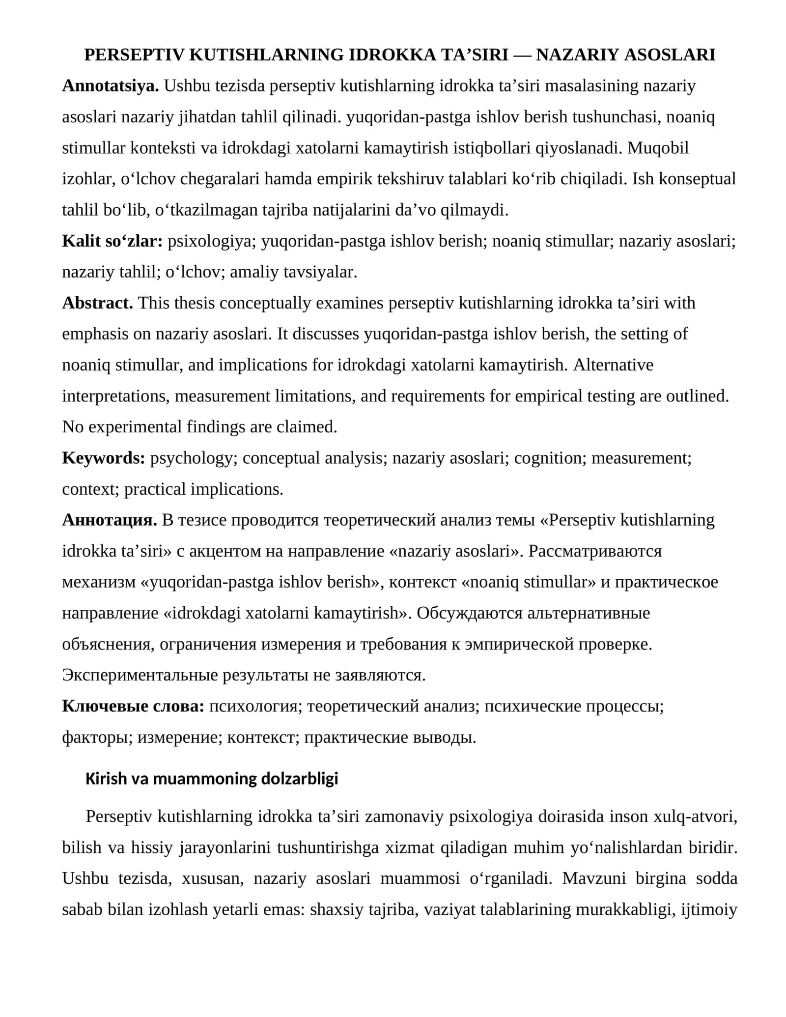 PERSEPTIV KUTISHLARNING IDROKKA TA’SIRI — NAZARIY ASOSLARI