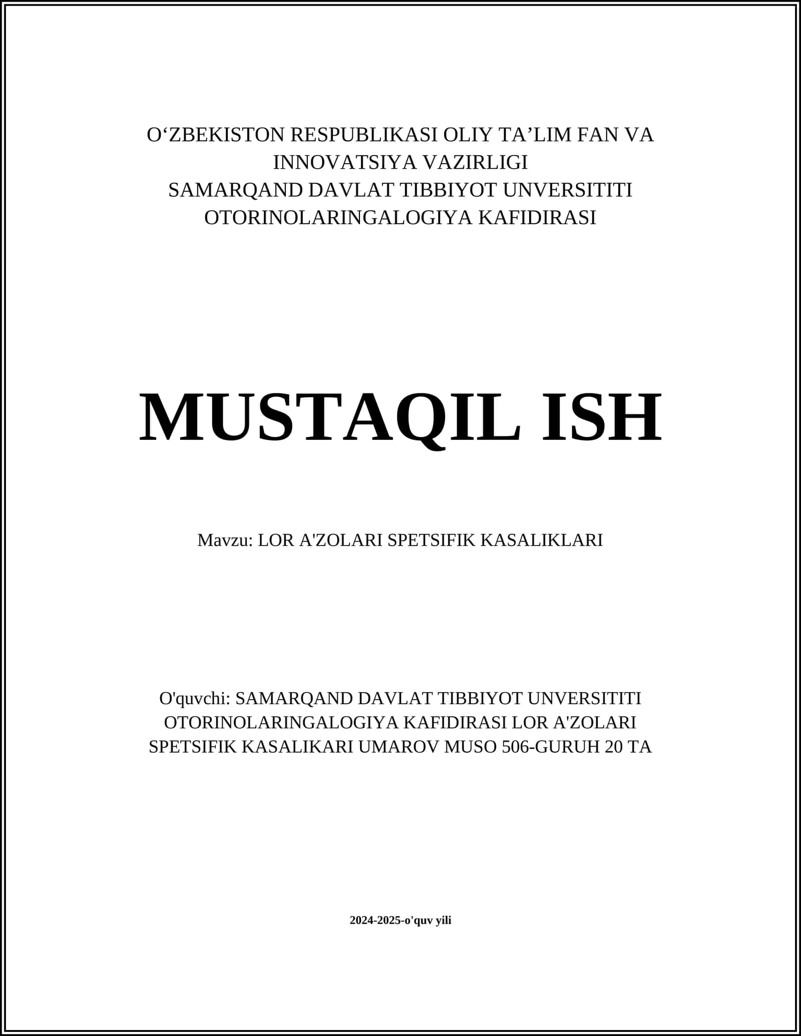 LOR A'ZOLARI SPETSIFIK KASALIKLARI