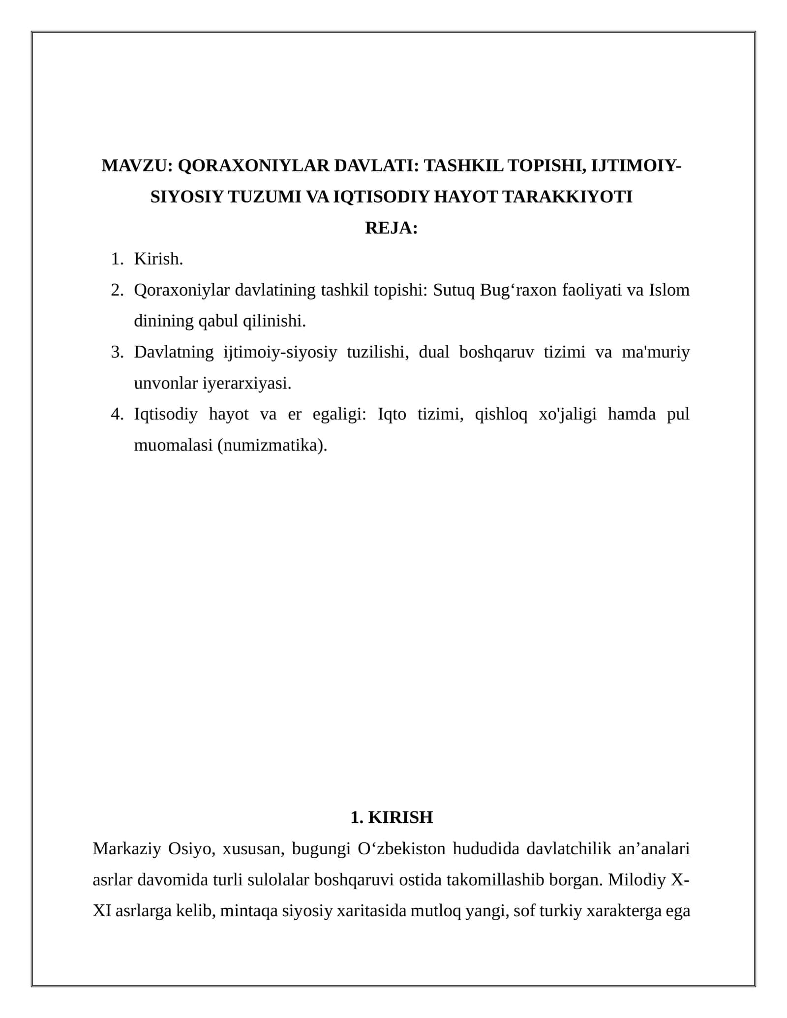 QORAXONIYLAR DAVLATI: TASHKIL TOPISHI, IJTIMOIY-SIYOSIY TUZUMI VA IQTISODIY HAYOT TARAKKIYOTI