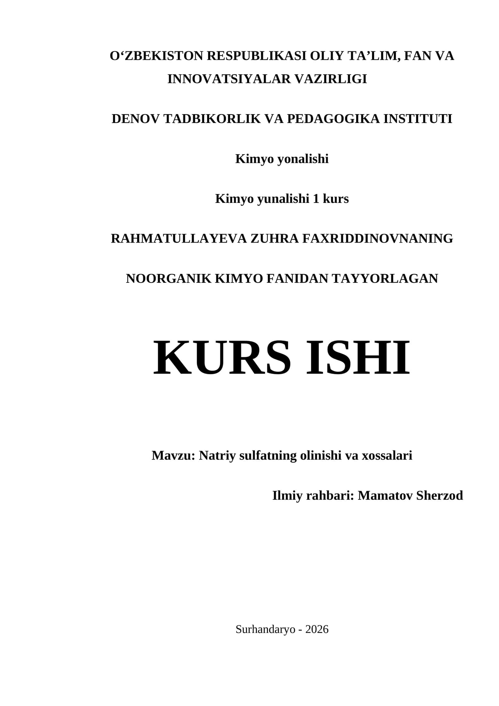 NOORGANIK KIMYO FANIDAN TAYYORLAGAN KURS ISHI