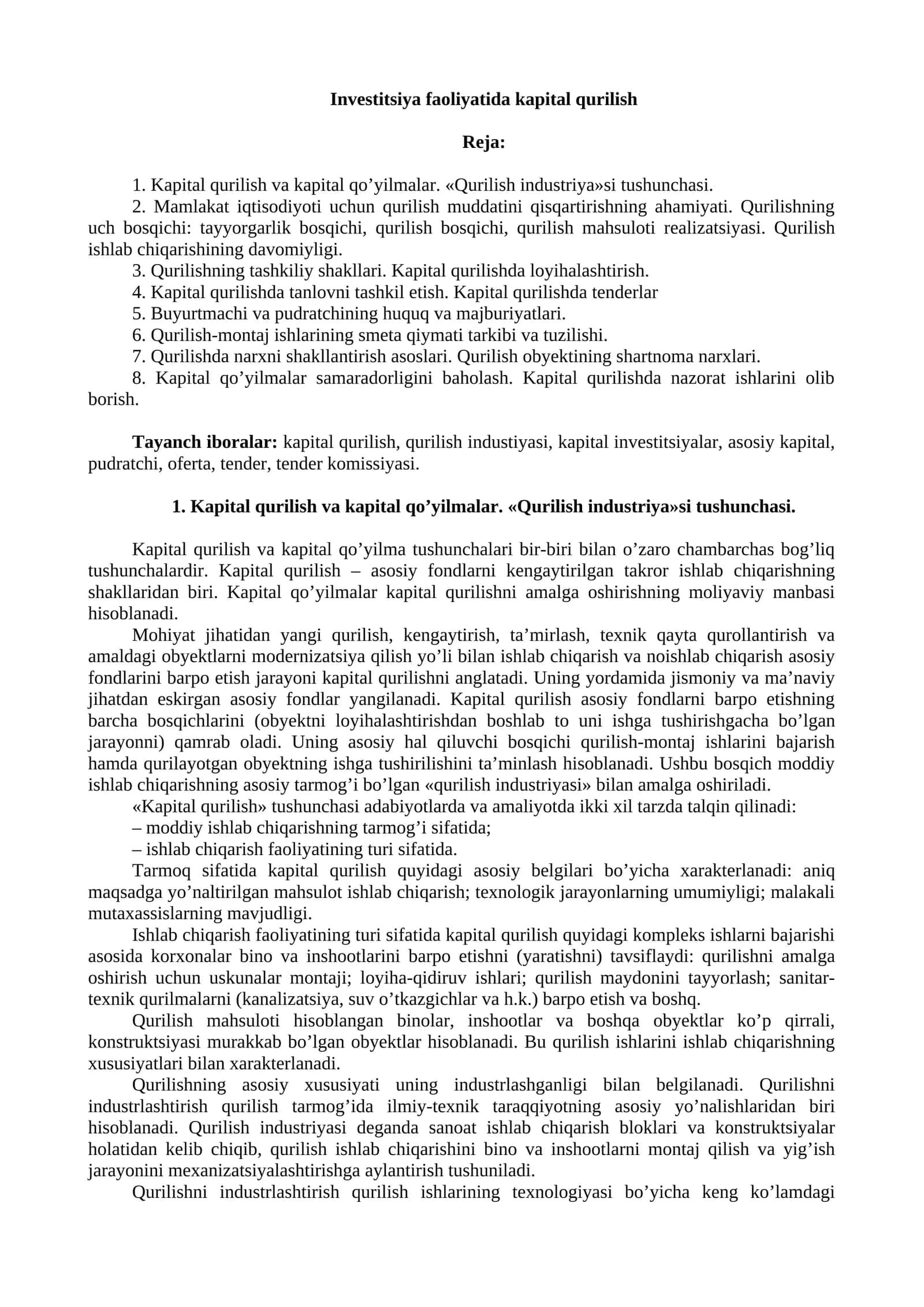 Investitsiya faoliyatida kapital qurilish
