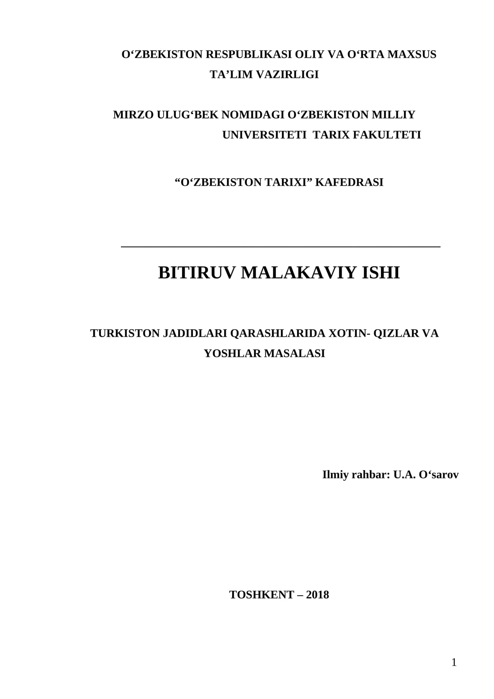 TURKISTON JADIDLARI QARASHLARIDA XOTIN- QIZLAR VA YOSHLAR MASALASI
