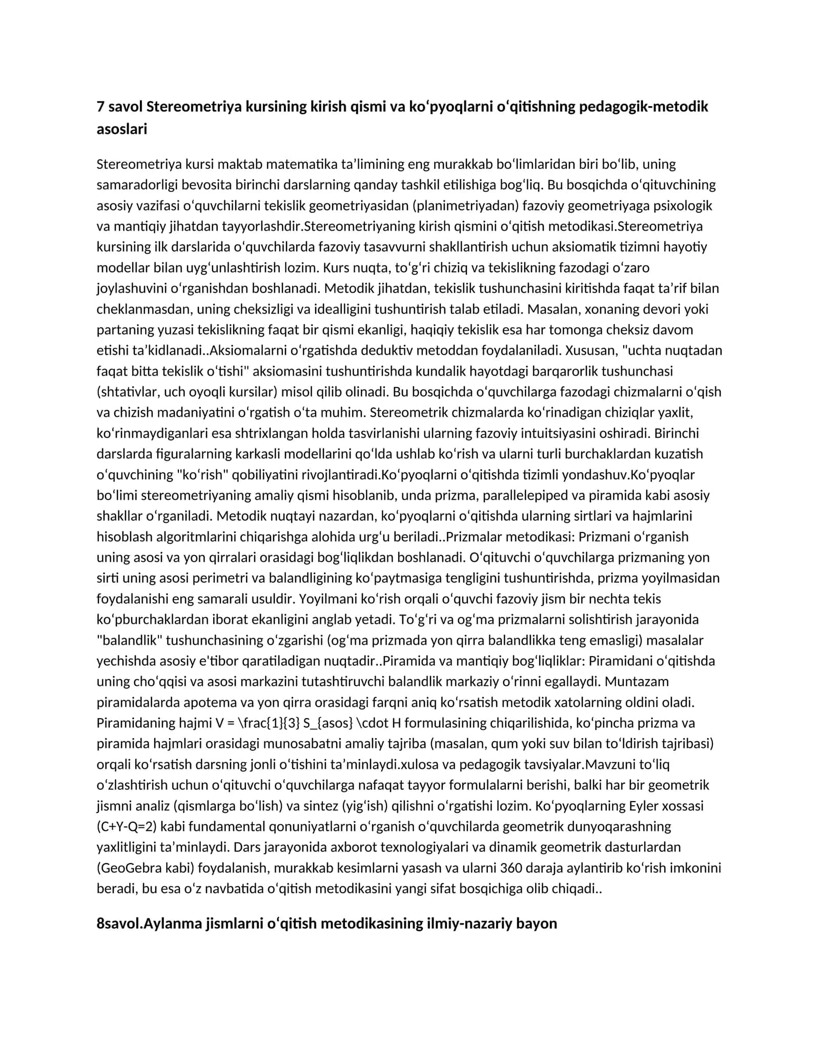 Matematika o‘qitish metodika qisqa savollarga qisqa javoblar