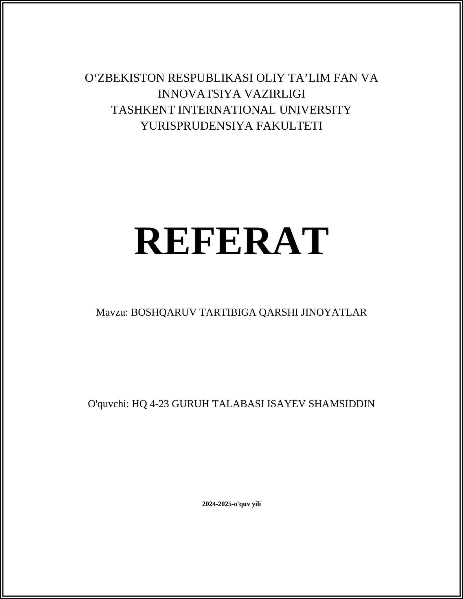 BOSHQARUV TARTIBIGA QARSHI JINOYATLAR