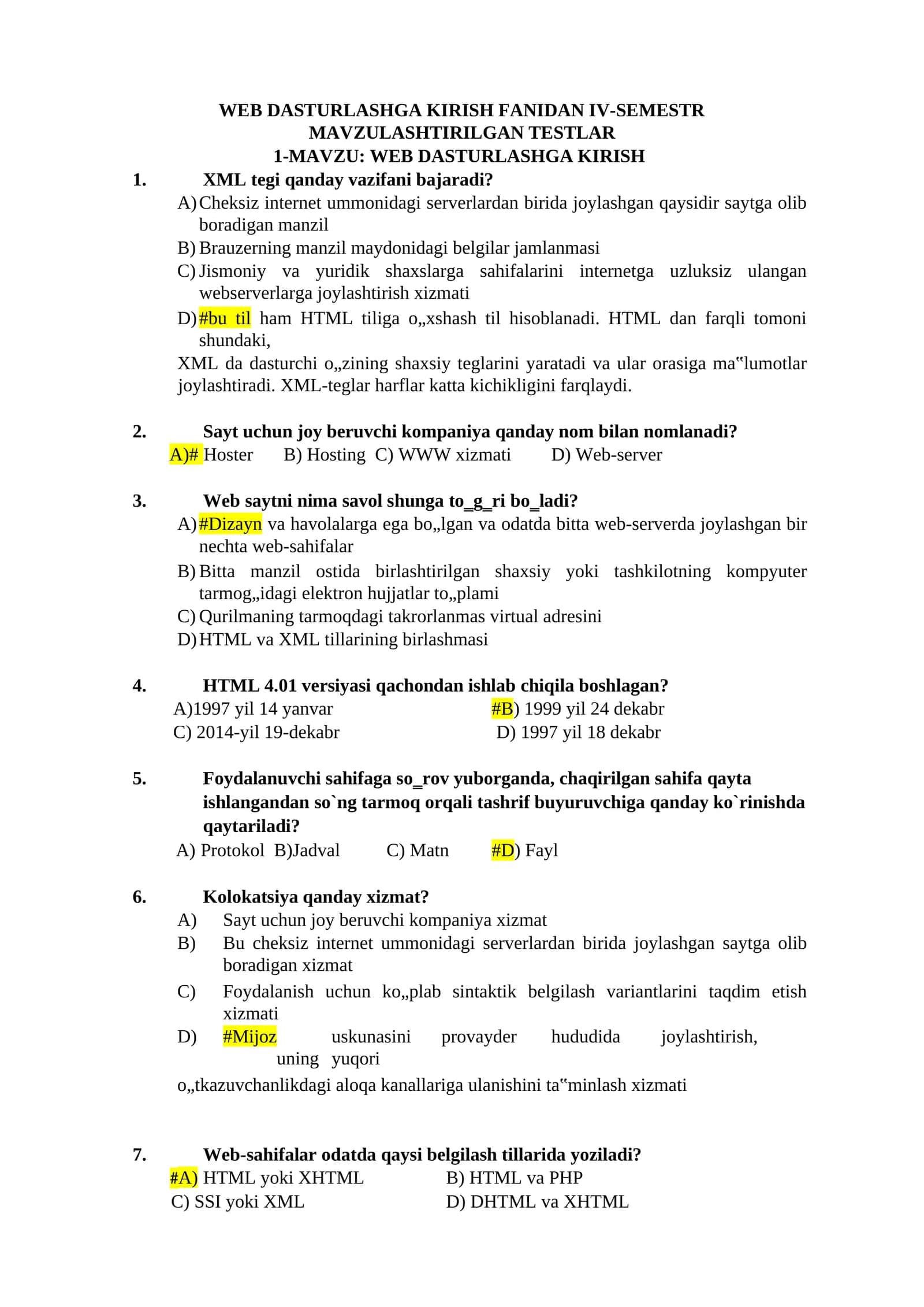 WEB DASTURLASHGA KIRISH FANIDAN IV-SEMESTR MAVZULASHTIRILGAN TESTLAR
