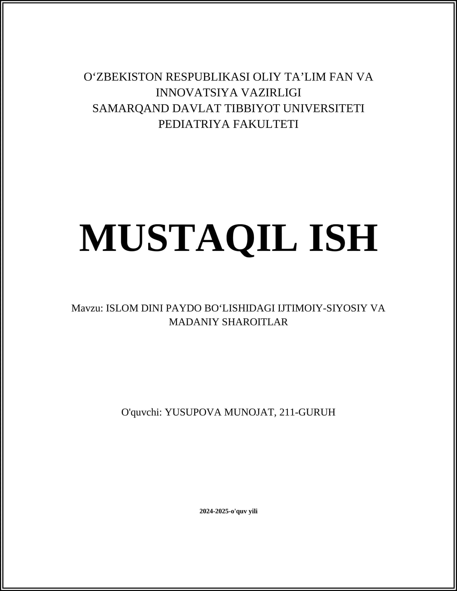 ISLOM DINI PAYDO BOʻLISHIDAGI IJTIMOIY-SIYOSIY VA MADANIY SHAROITLAR