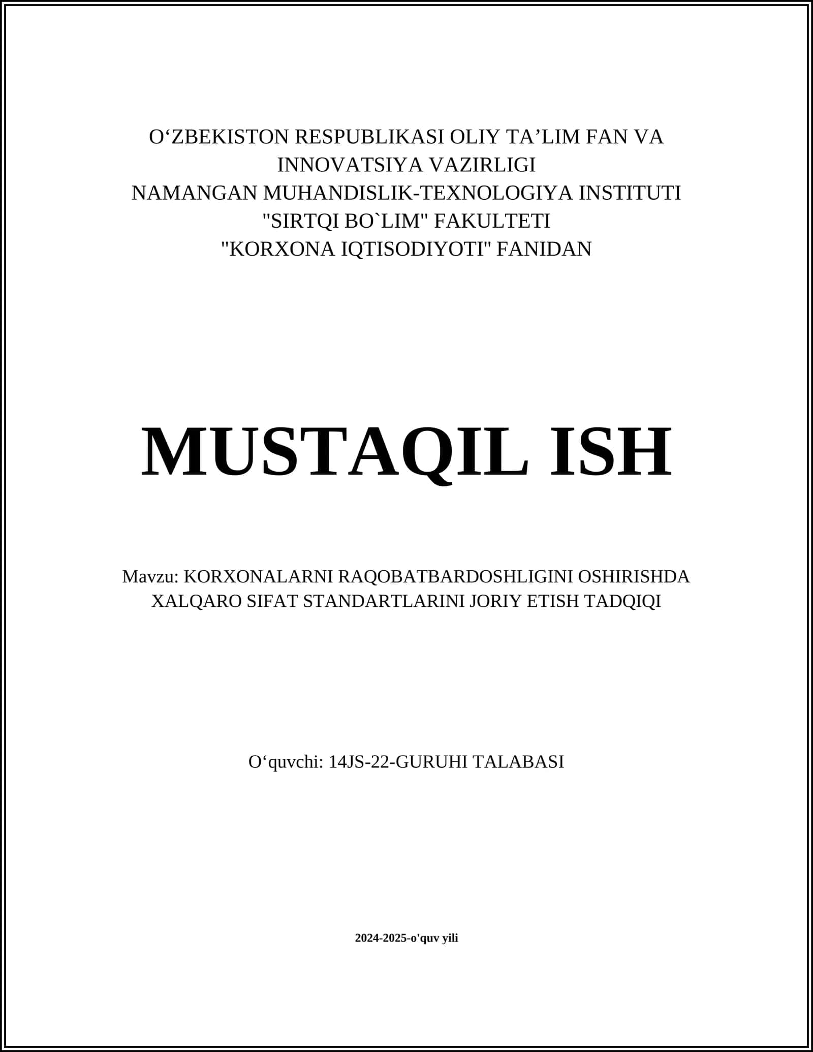 KORXONA IQTISODIYOTI MUSTAQIL ISH
