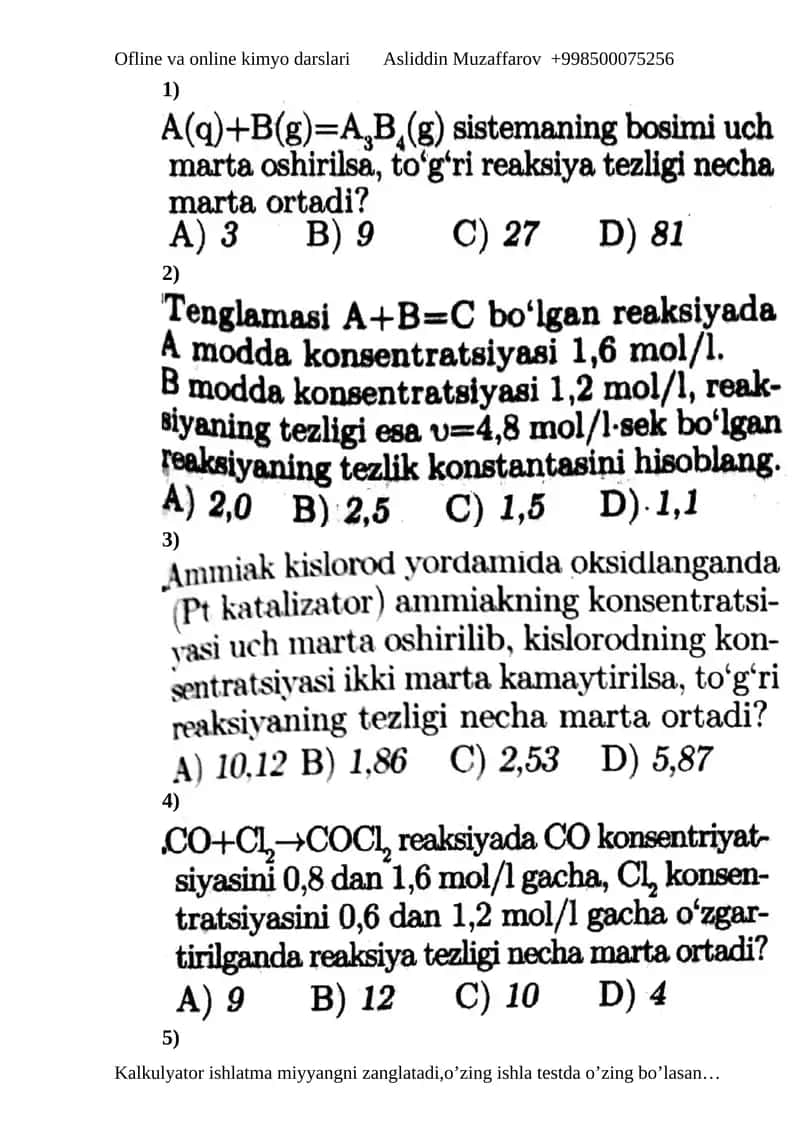 Reaksiya tezligi test