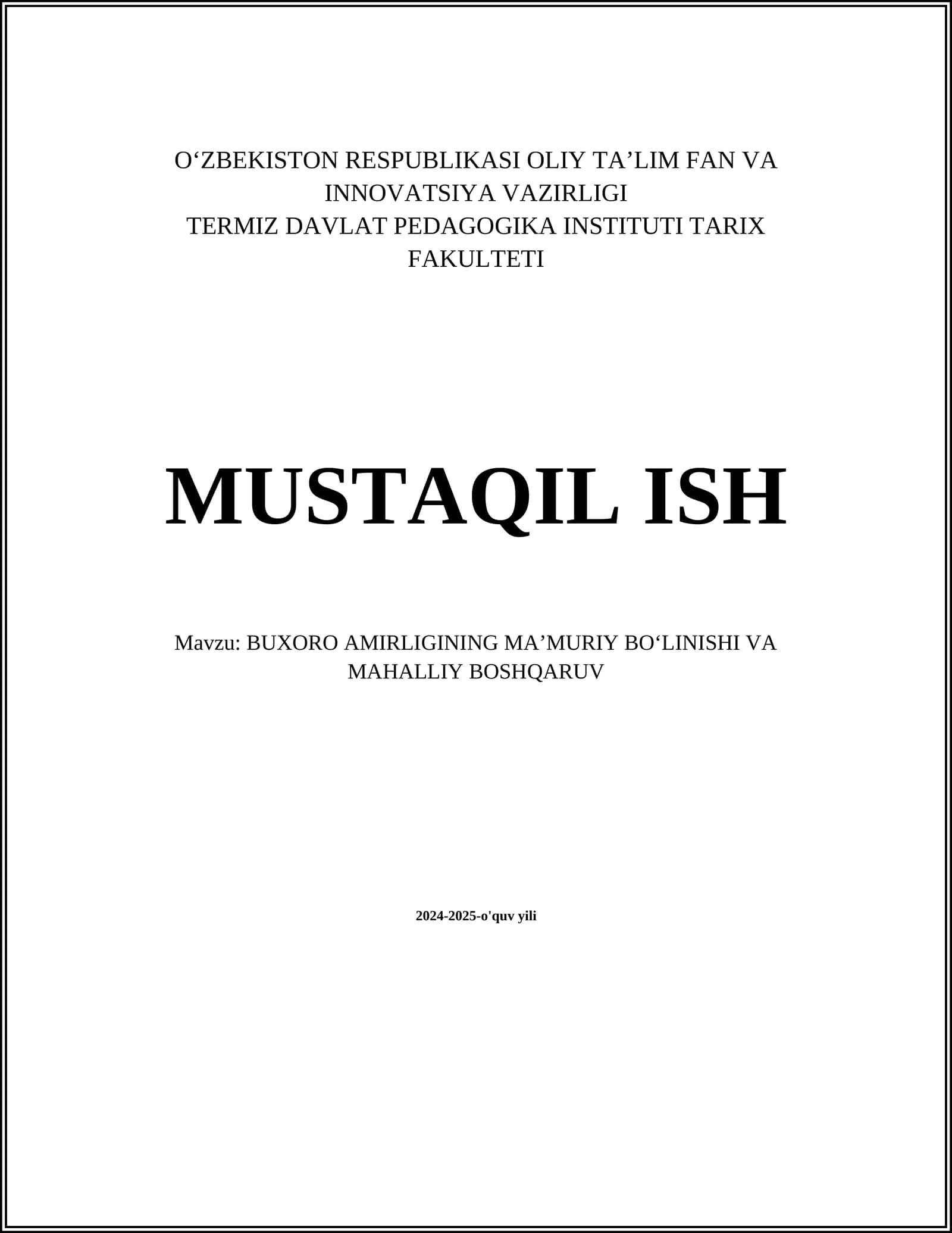 BUXORO AMIRLIGINING MAʼMURIY BOʻLINISHI VA MAHALLIY BOSHQARUV