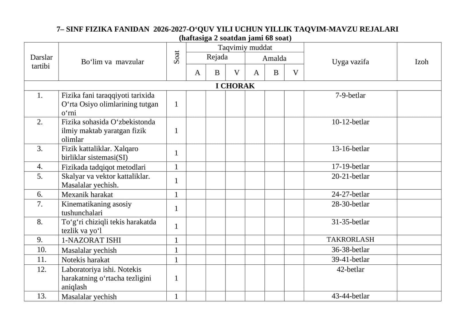 7-sinf fizika fanidan ish reja 2026-yil.