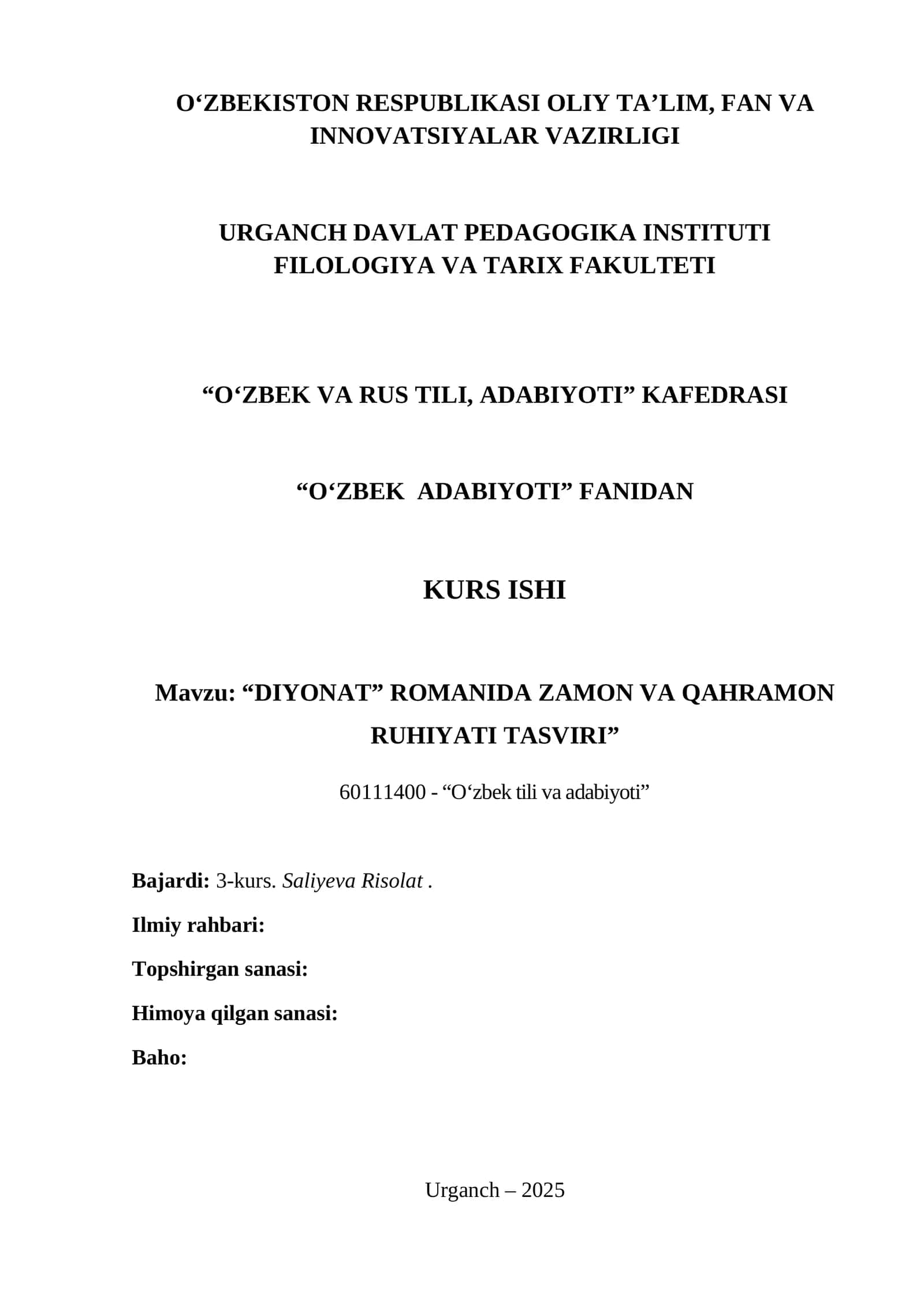 “DIYONAT” ROMANIDA ZAMON VA QAHRAMON RUHIYATI TASVIRI