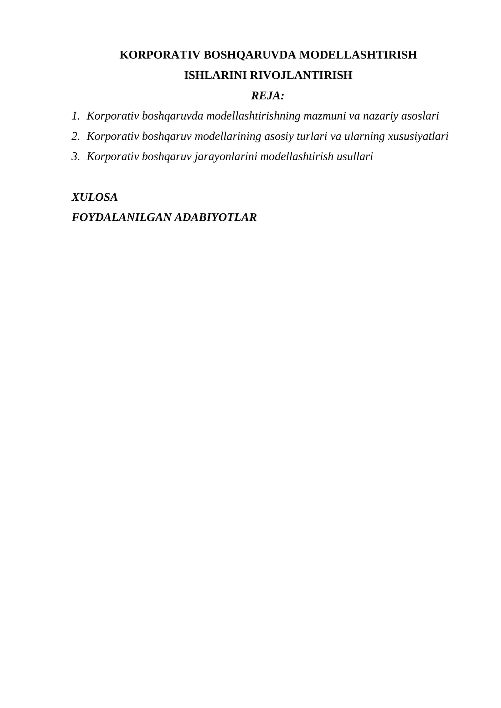 KORPORATIV BOSHQARUVDA MODELLASHTIRISH ISHLARINI RIVOJLANTIRISH