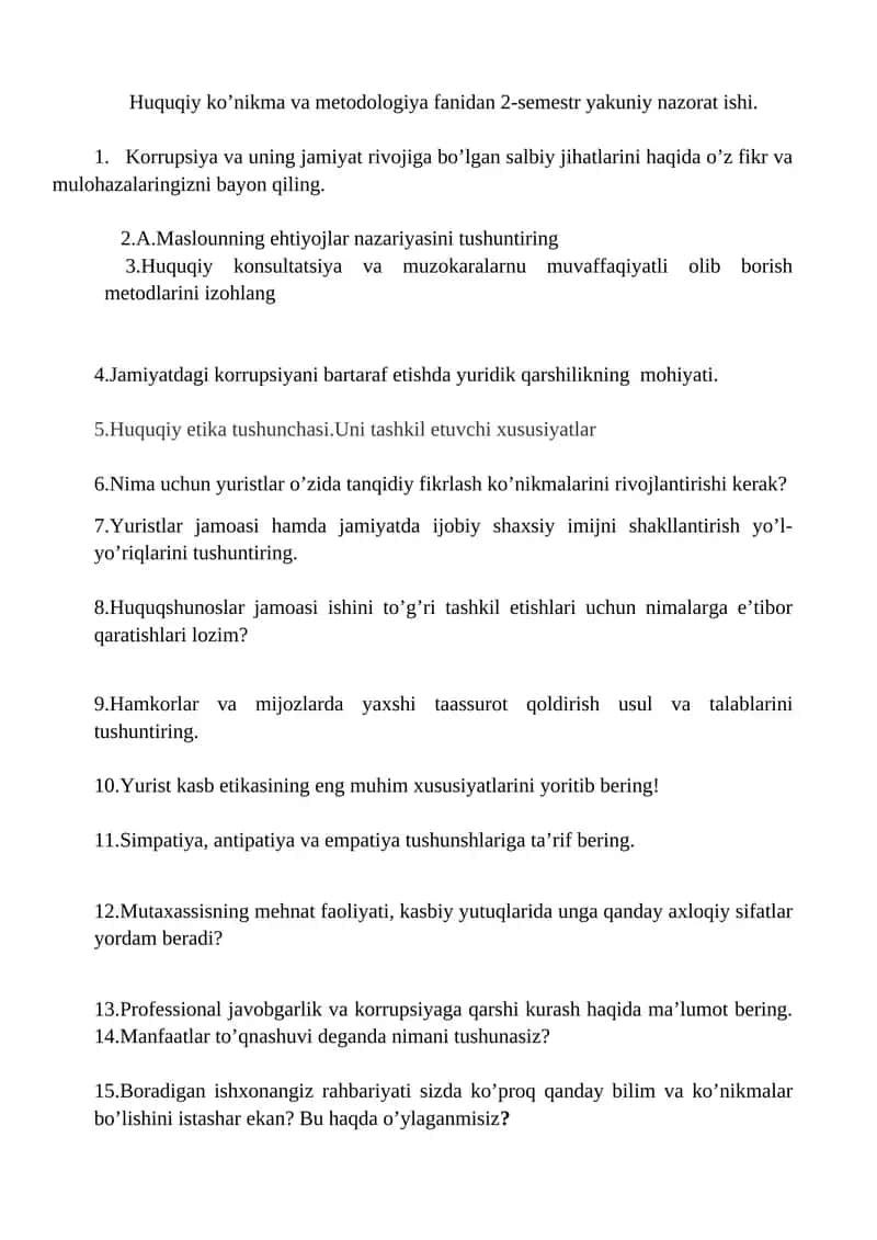Huquqiy ko’nikma va metodologiya fanidan 2-semestr yakuniy nazorat ishi