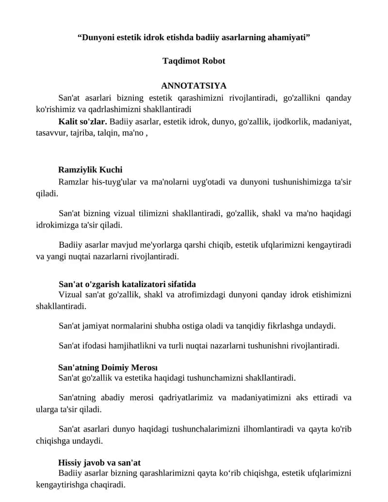 Dunyoni estetik idrok etishda badiiy asarlarning ahamiyati