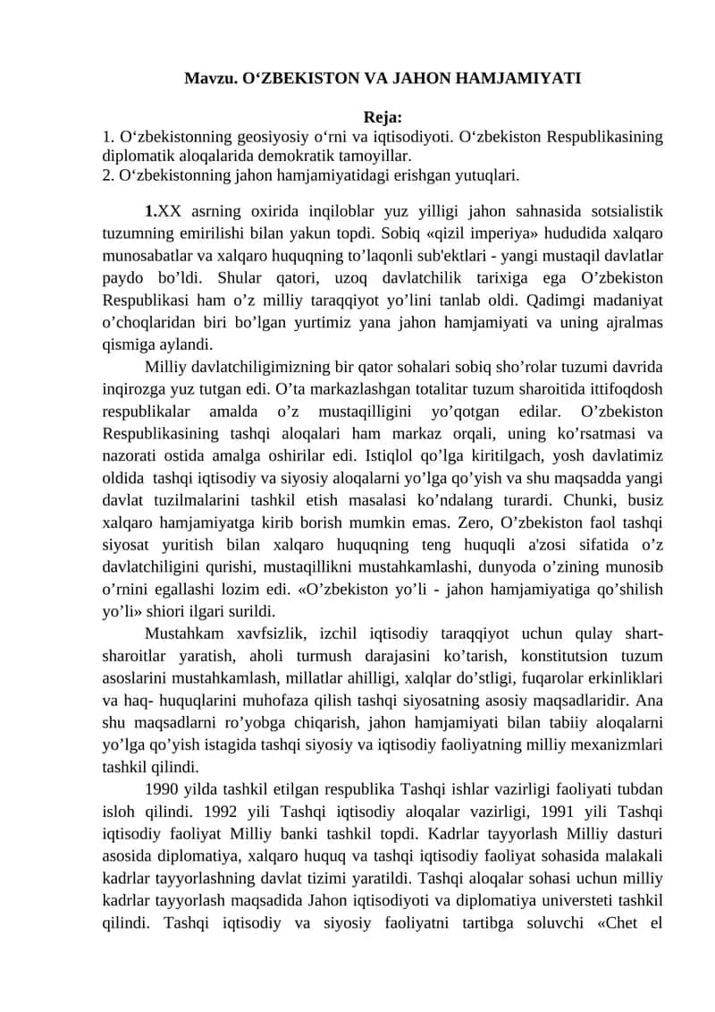 O‘ZBEKISTON VA JAHON HAMJAMIYATI