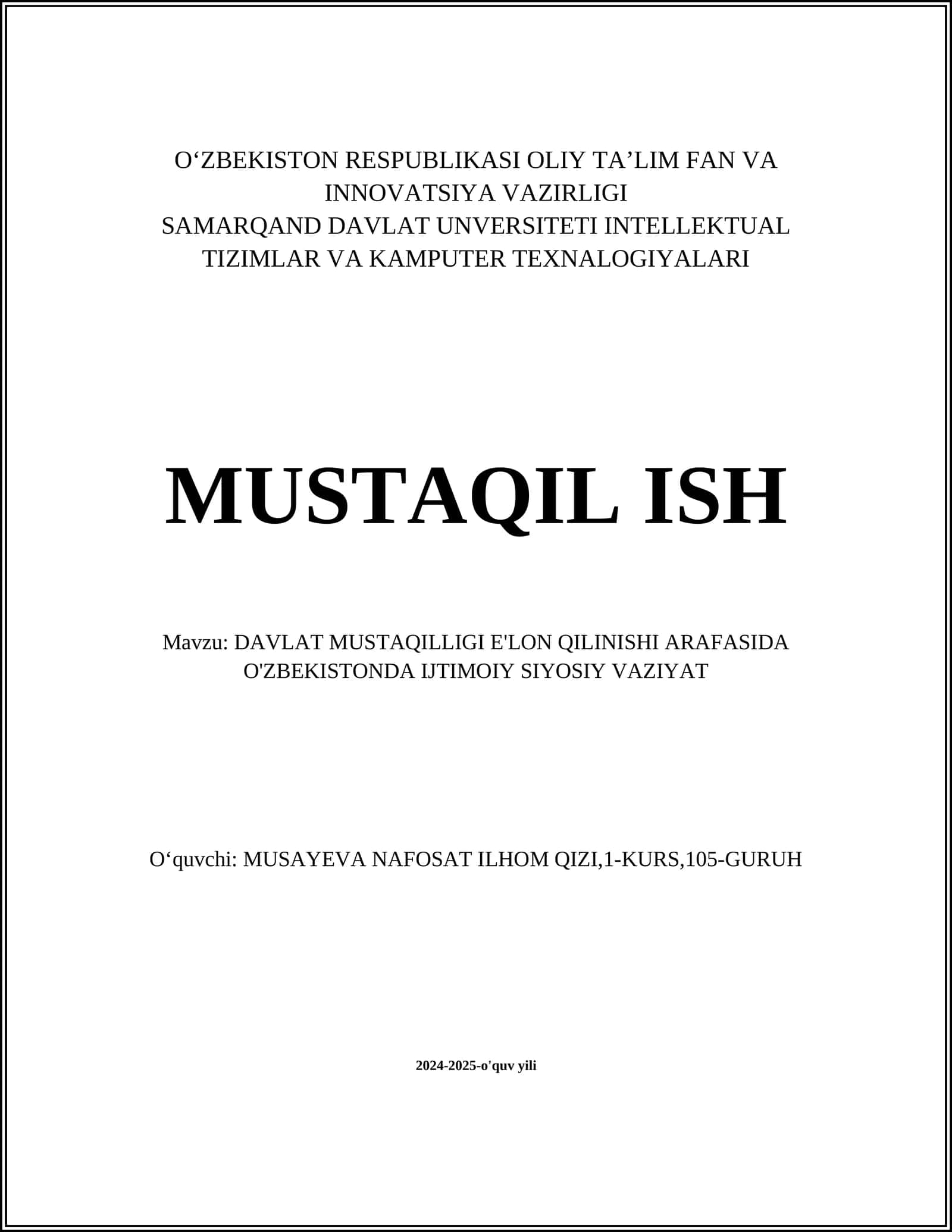 DAVLAT MUSTAQILLIGI E'LON QILINISHI ARAFASIDA O'ZBEKISTONDA IJTIMOIY SIYOSIY VAZIYAT