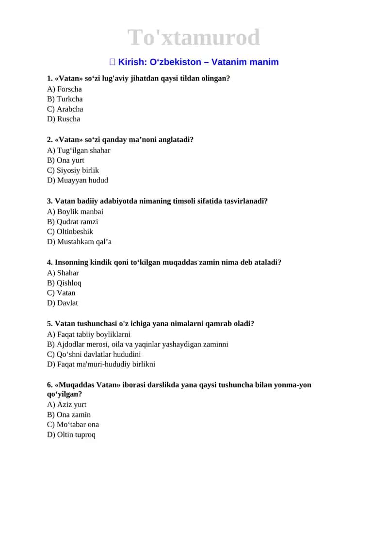 5 Tarixdan hikoyalar 2020 mavzulashtirilgan testlar.