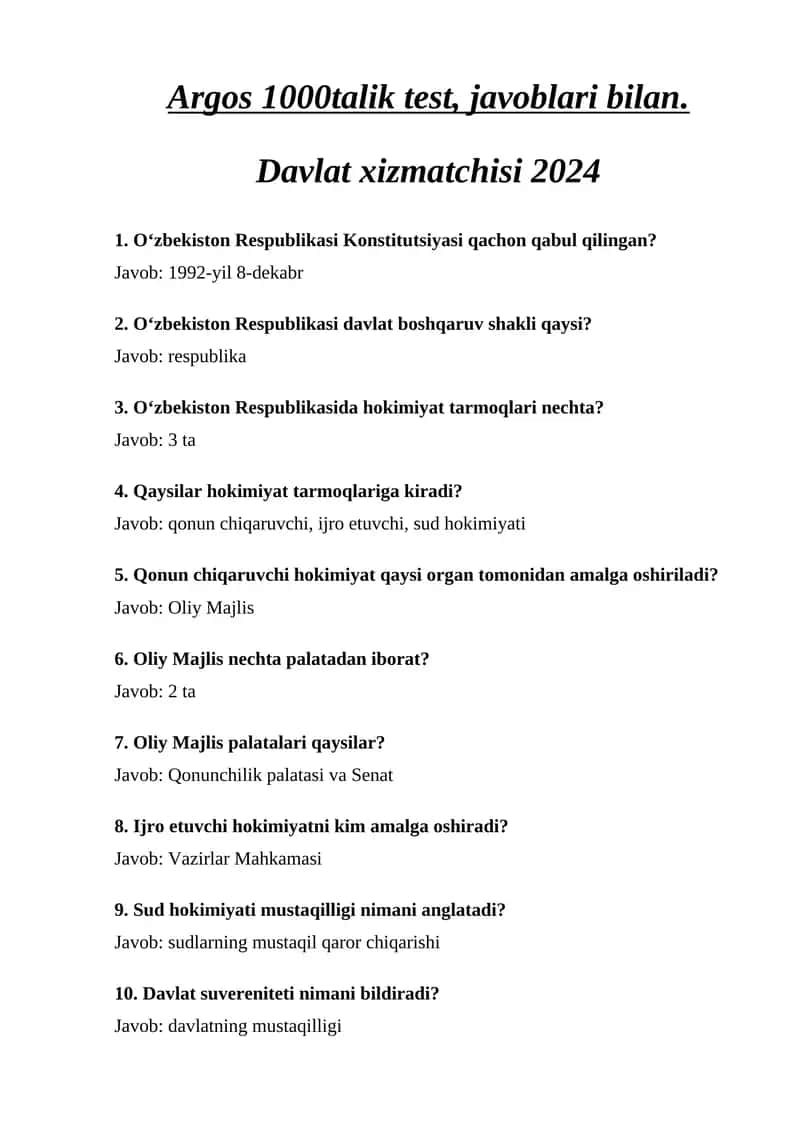 Argos 1000 talik test, javoblari bilan. Davlat xizmatchisi 2024