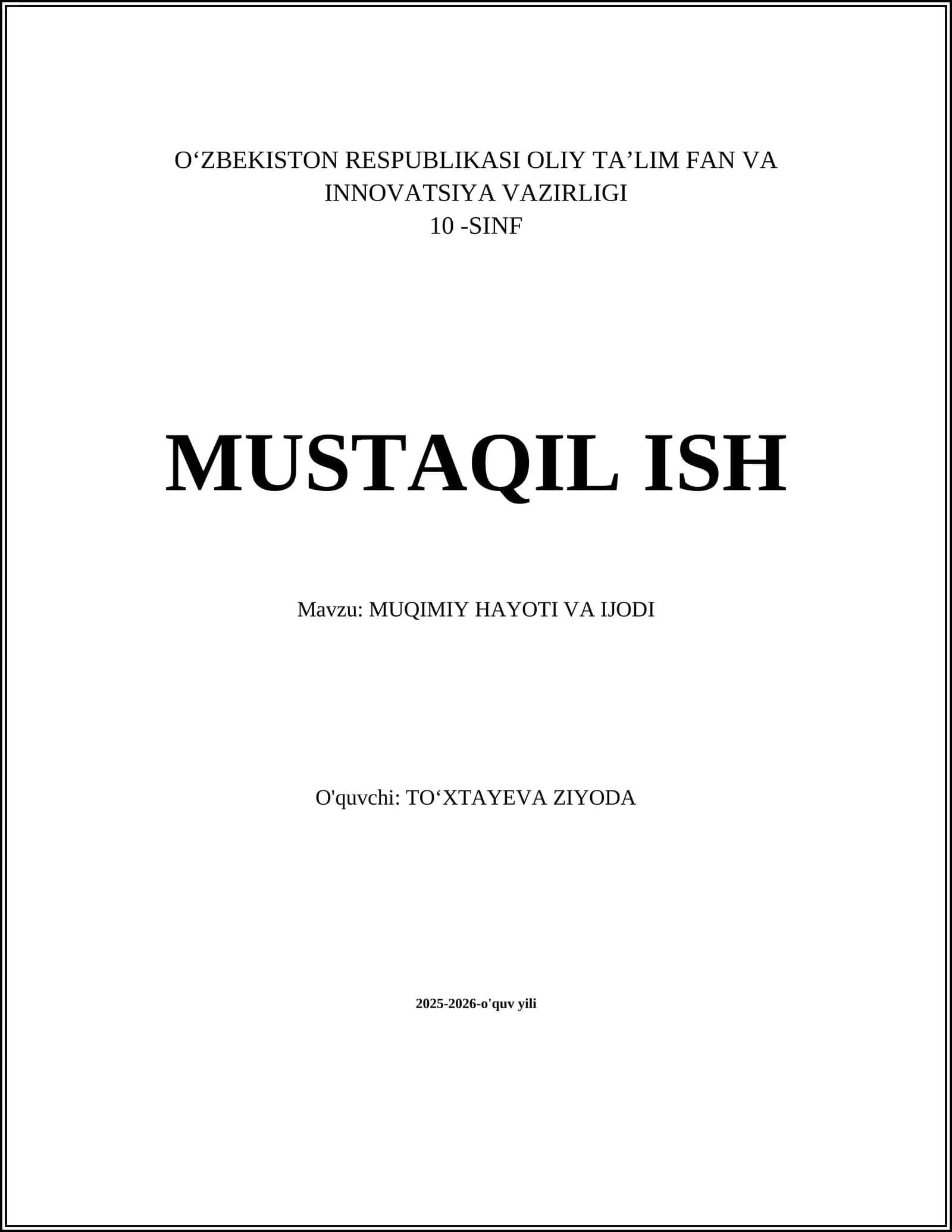 MUQIMIY HAYOTI VA IJODI