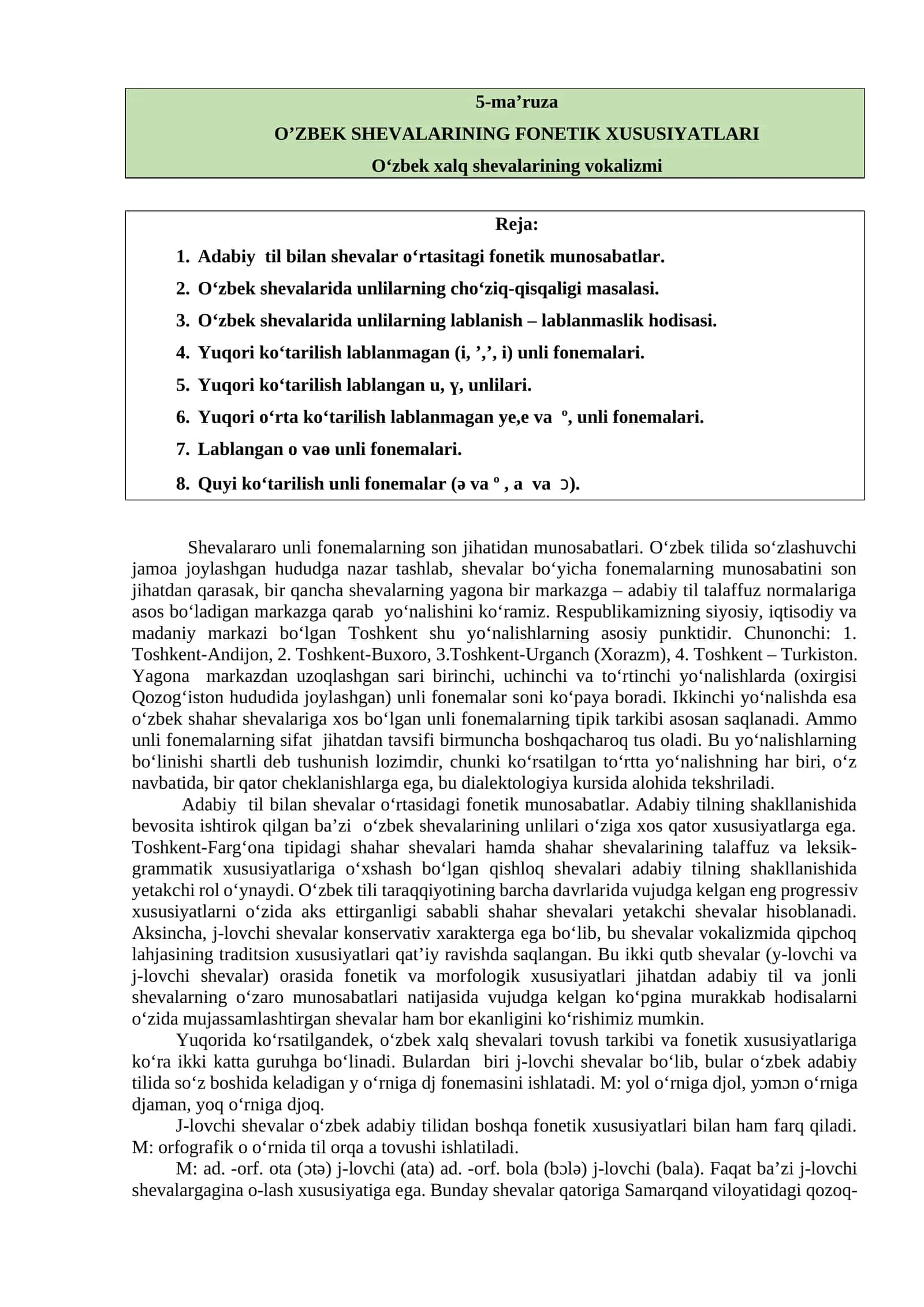 O‘ZBEK SHEVALARINING FONETIK XUSUSIYATLARI