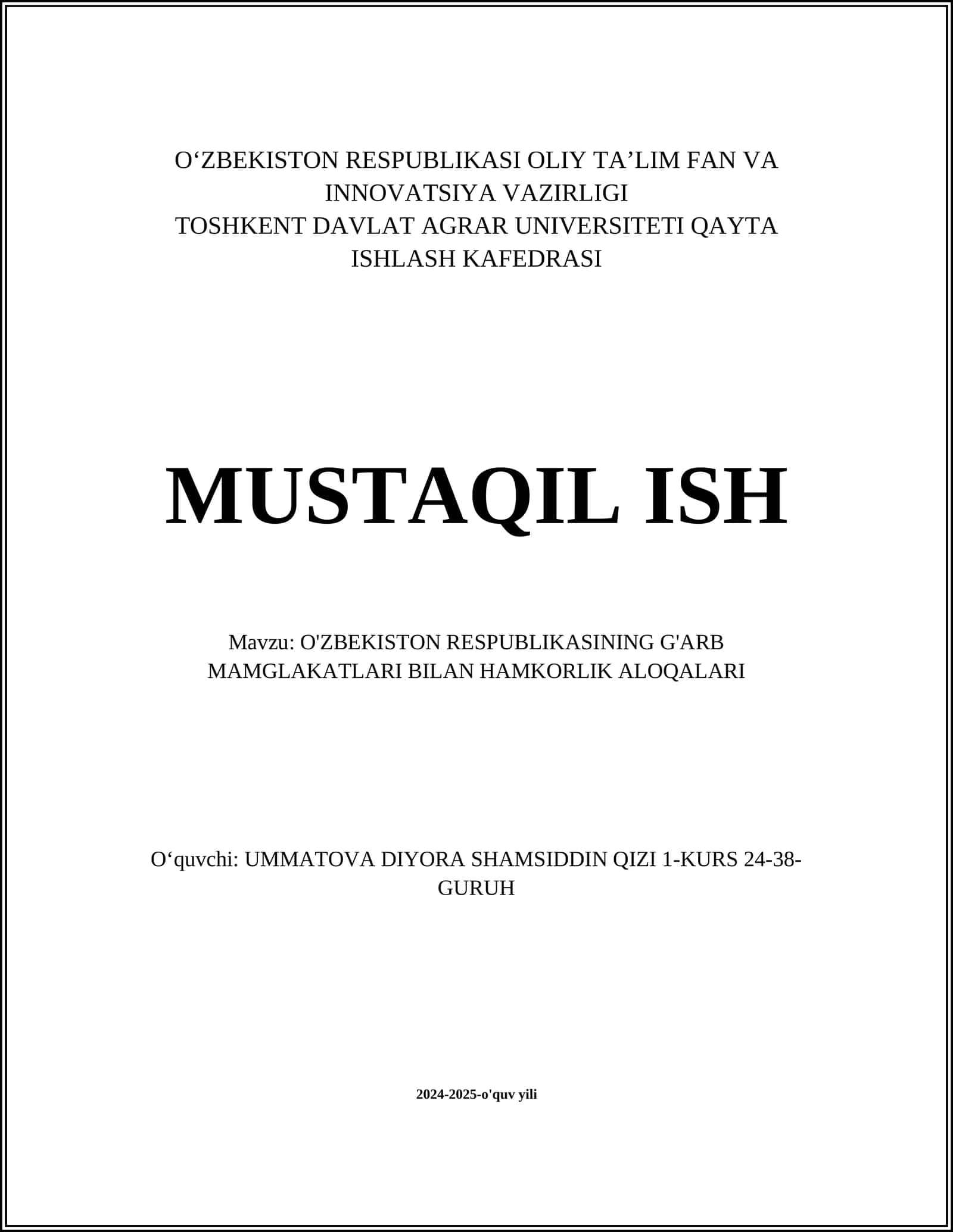 O'ZBEKISTON RESPUBLIKASINING G'ARB MAMGLAKATLARI BILAN HAMKORLIK ALOQALARI