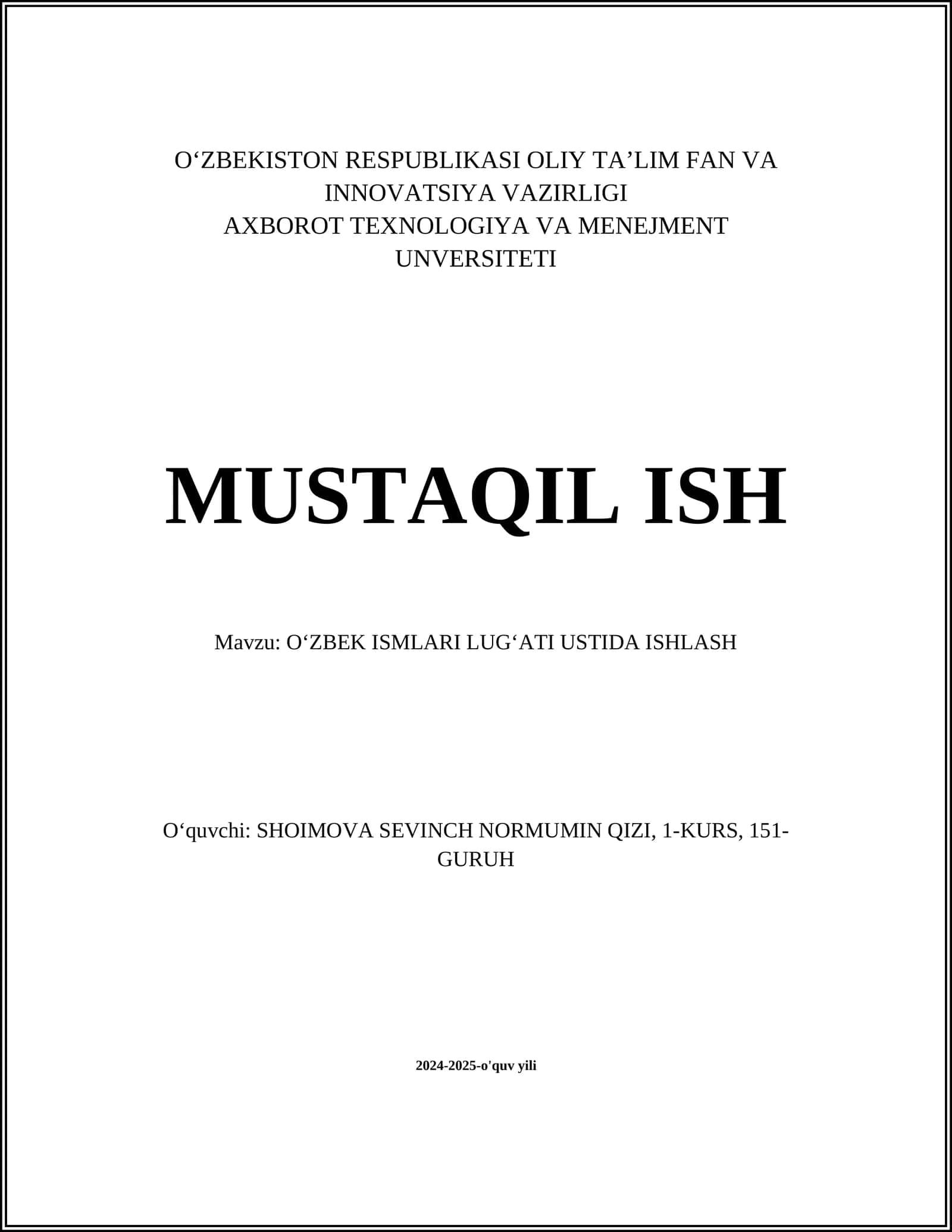 O‘ZBEK ISMLARI LUG‘ATI USTIDA ISHLASH