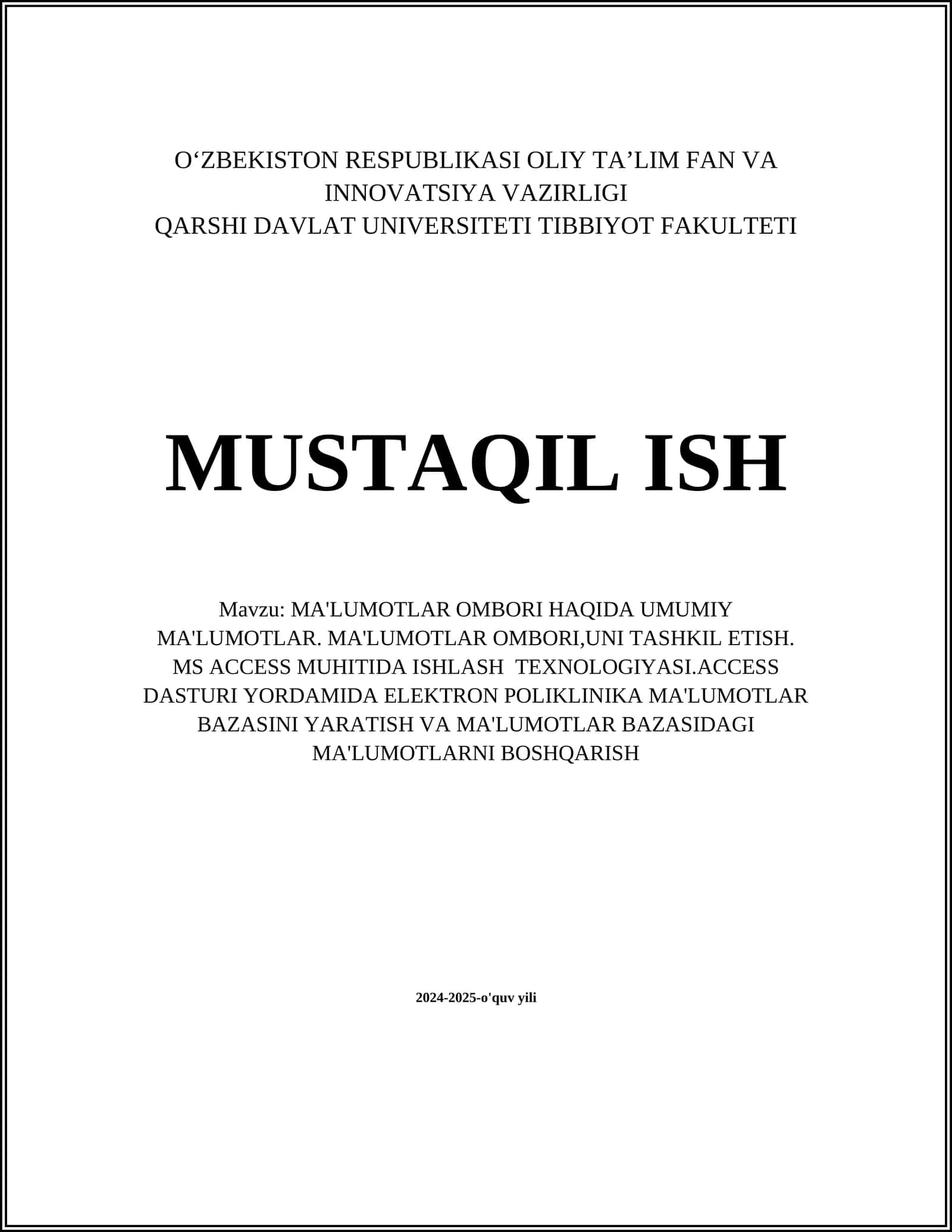 MA'LUMOTLAR OMBORI HAQIDA UMUMIY MA'LUMOTLAR
