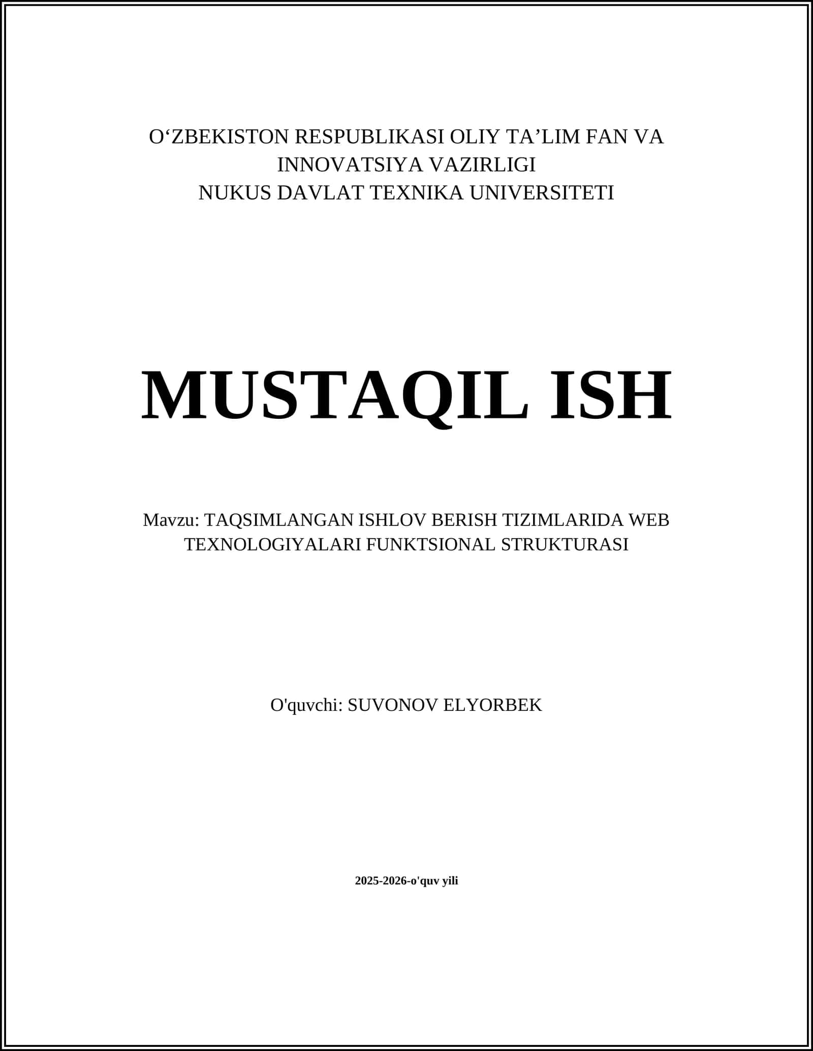 TAQSIMLANGAN ISHLOV BERISH TIZIMLARIDA WEB TEXNOLOGIYALARI FUNKTSIONAL STRUKTURASI