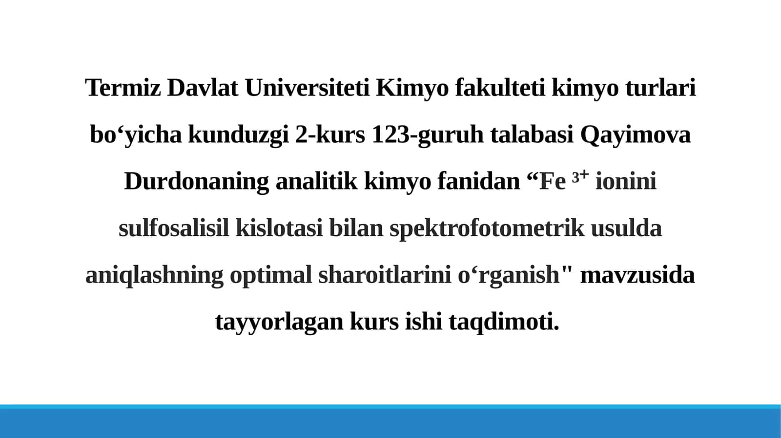 Fe ³⁺ ionini sulfosalisil kislotasi bilan spektro fotometrik usulda aniqlashning optimalligi