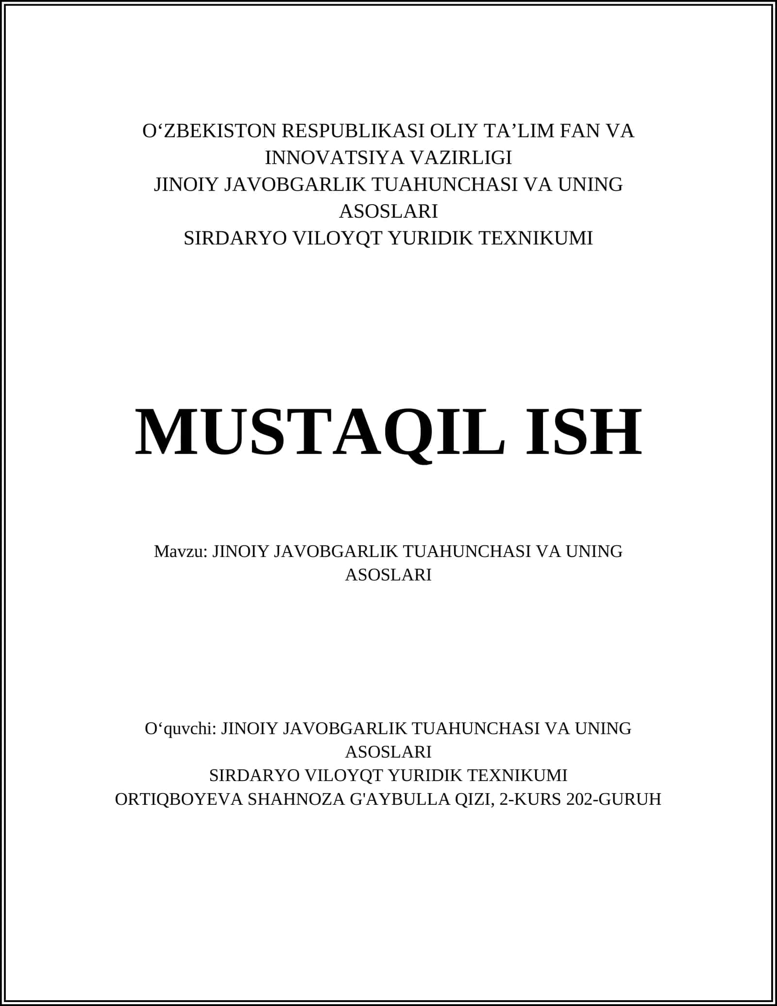 JINOIY JAVOBGARLIK TUAHUNCHASI VA UNING ASOSLARI