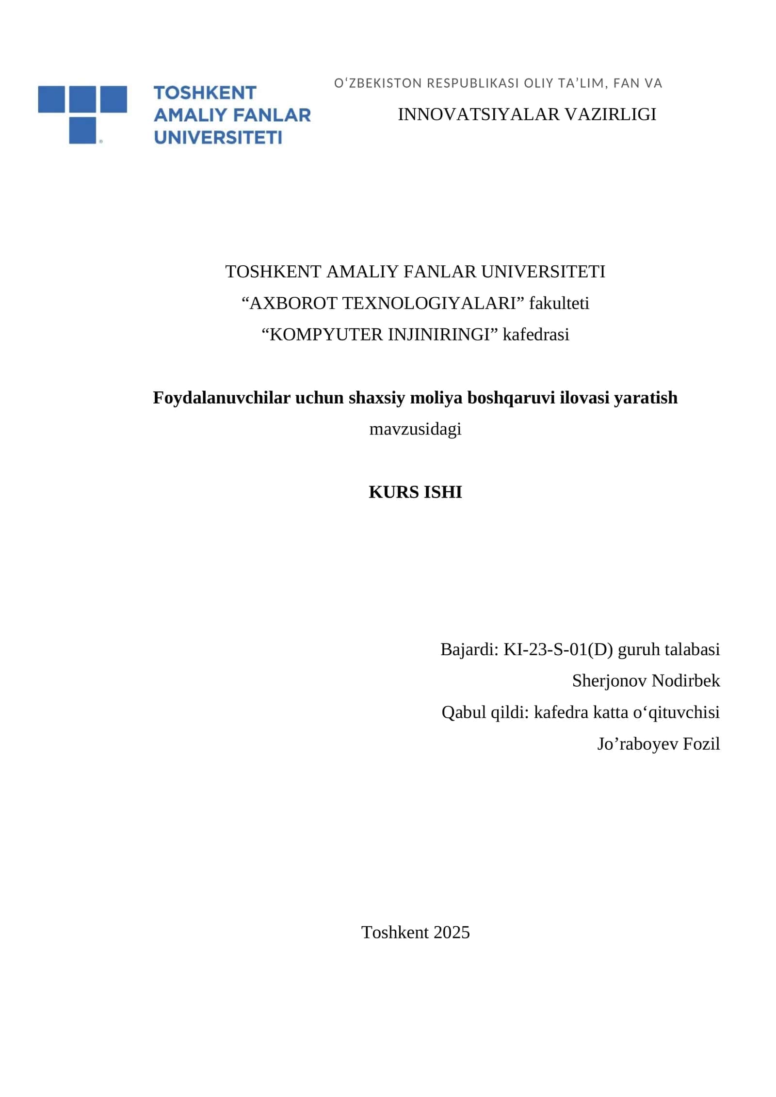 Foydalanuvchilar uchun shaxsiy moliya boshqaruvi ilovasi yaratish mavzusidagi KURS ISHI