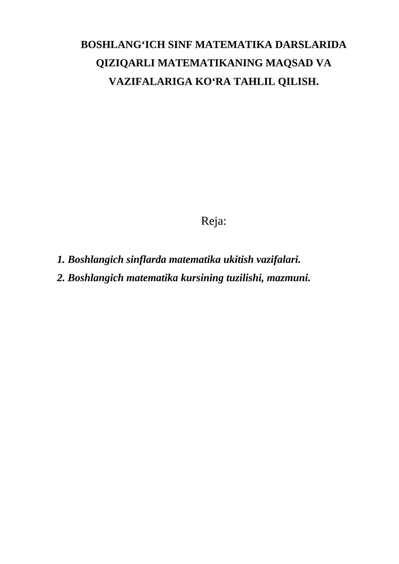 Boshlang‘ich Matematika O‘qitish Metodikasi