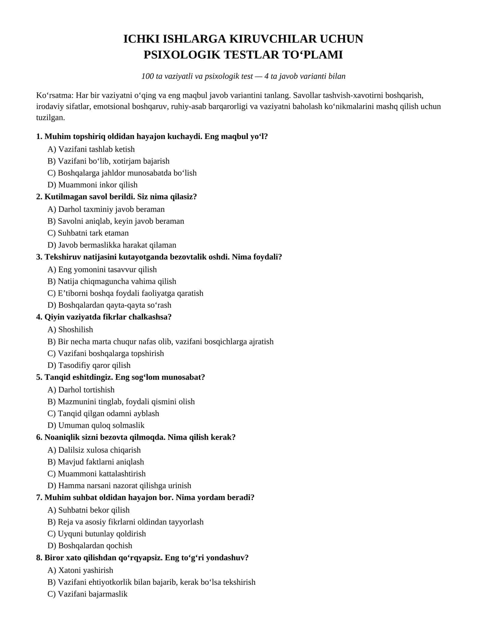 Ichki Ishlarga Kiruvchilar Uchun 100 ta Psixologik Test va Javoblar