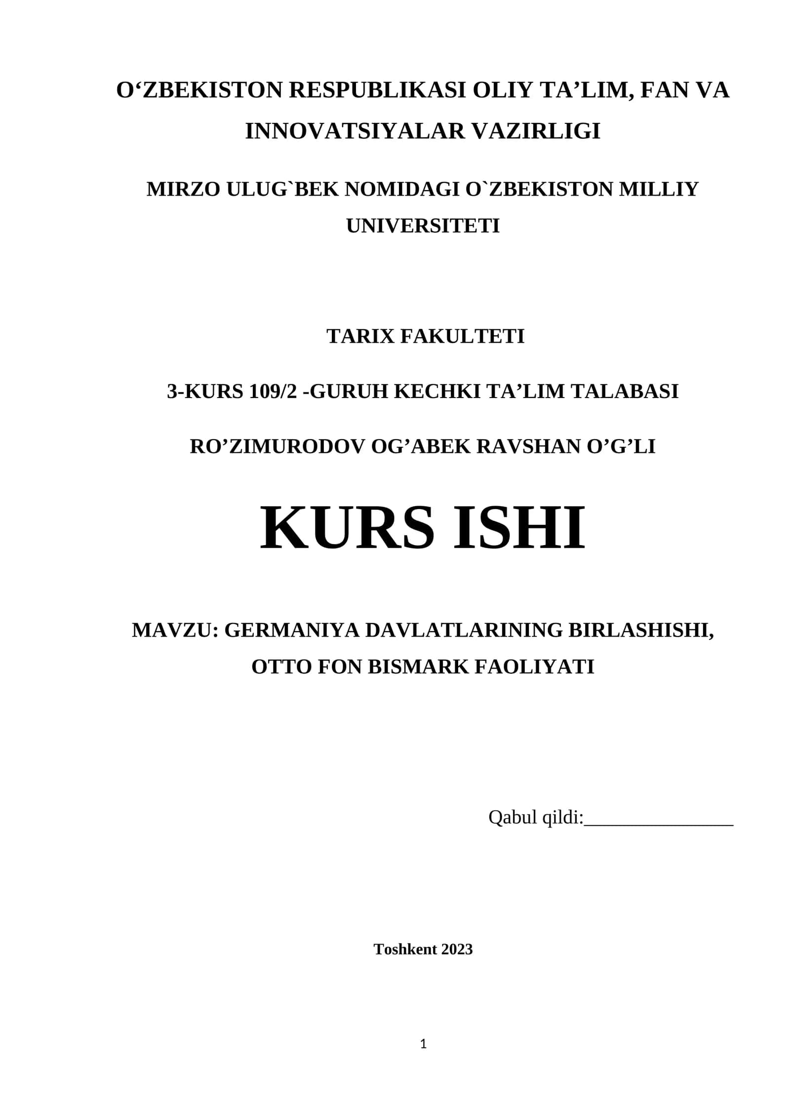 GERMANIYA DAVLATLARINING BIRLASHISHI, OTTO FON BISMARK FAOLIYATI