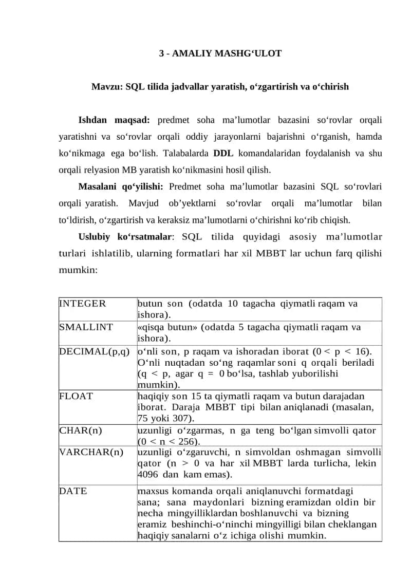 SQL tilida jadvallar yaratish, o‘zgartirish va o‘chirish