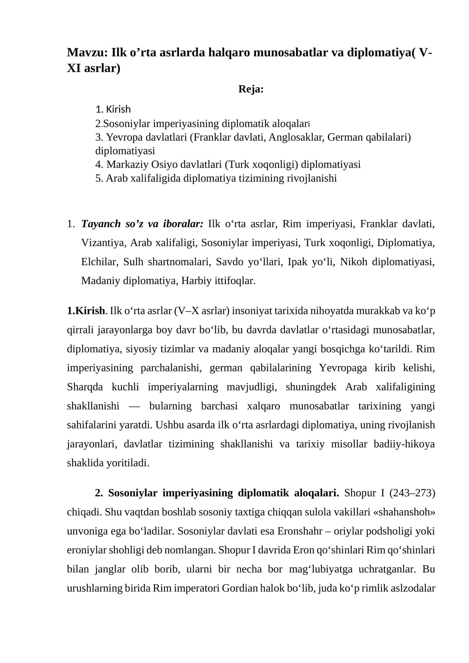 Ilk o’rta asrlarda halqaro munosabatlar va diplomatiya (V-XI asrlar)