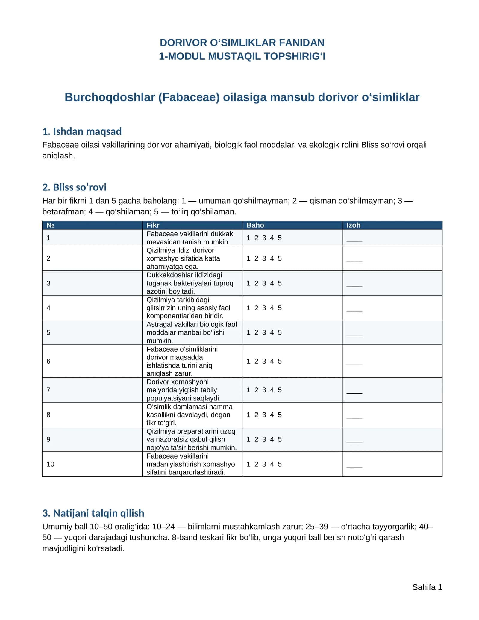 DORIVOR O‘SIMLIKLAR FANIDAN 1-MODUL MUSTAQIL TOPSHIRIG‘I