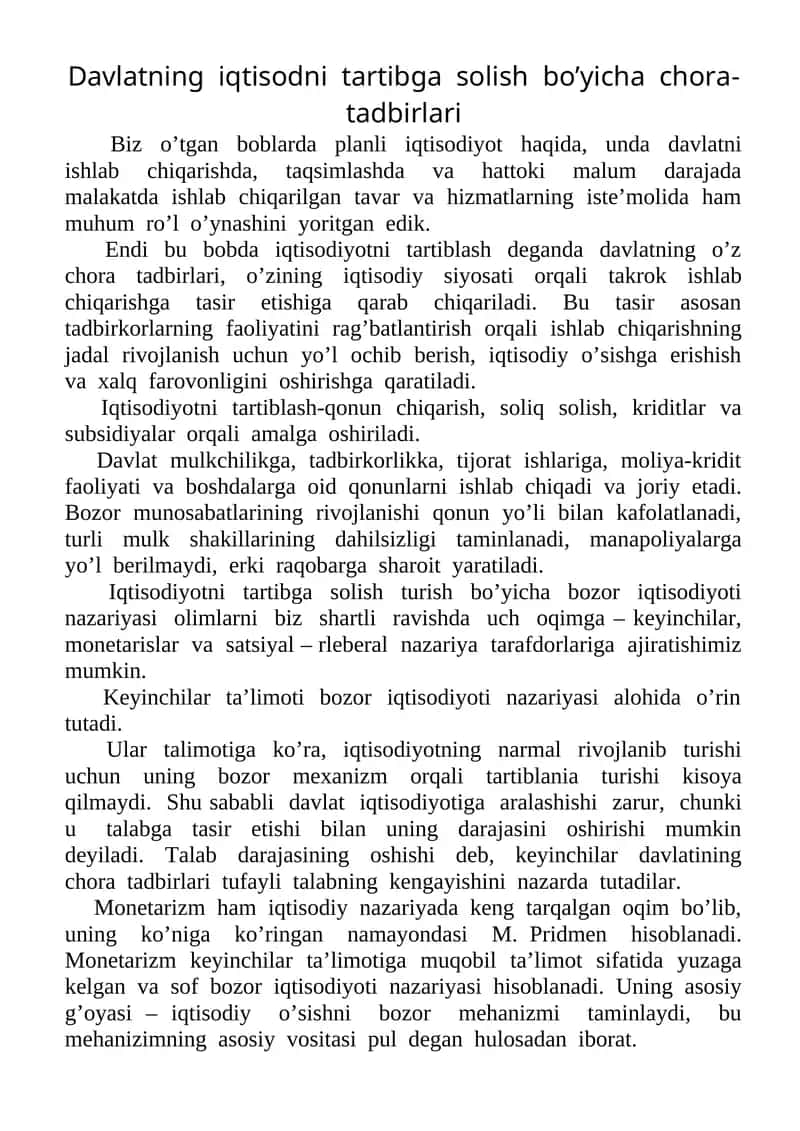 Davlatning  iqtisodni  tartibga  solish  bo’yicha  chora-tadbirlari