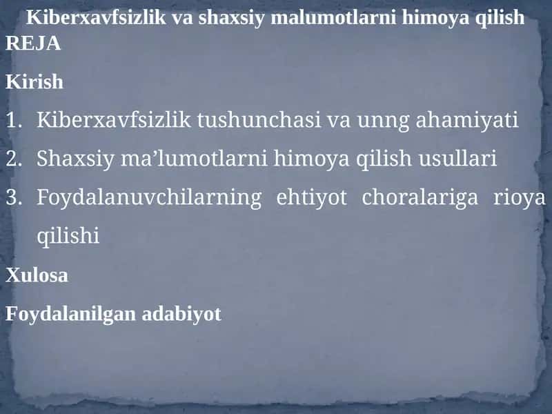 Kiberxavfsizlik va shaxsiy ma'lumotlarni himoyalash