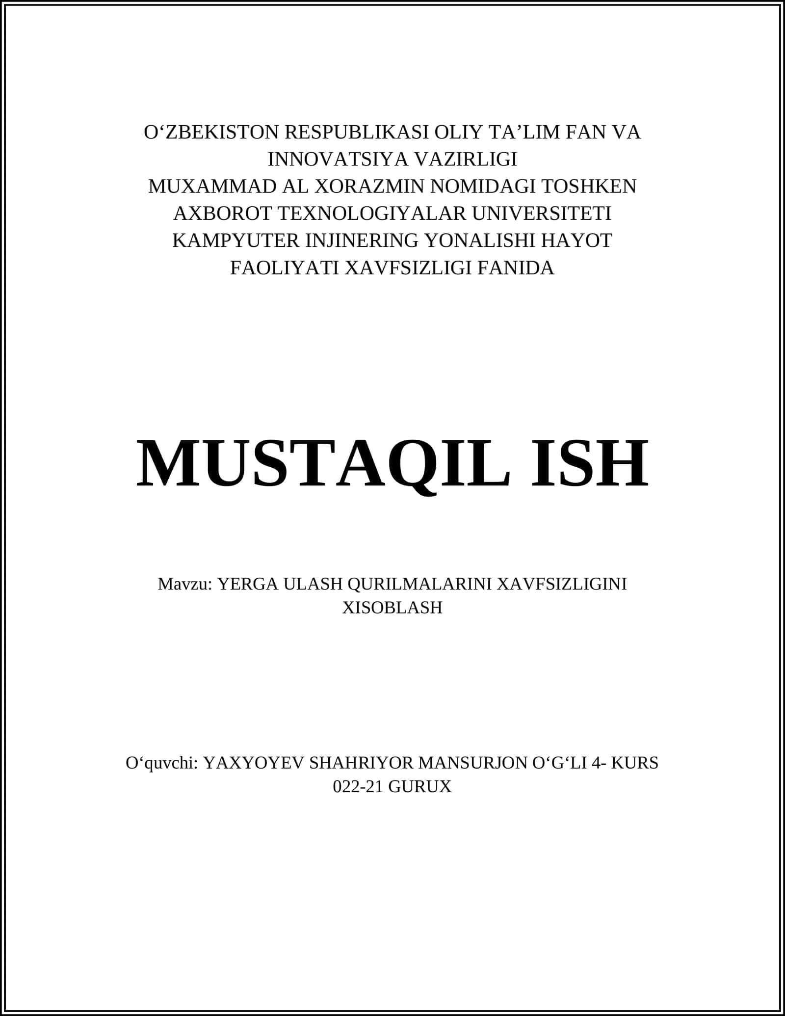 YERGA ULASH QURILMALARINI XAVFSIZLIGINI XISOBLASH