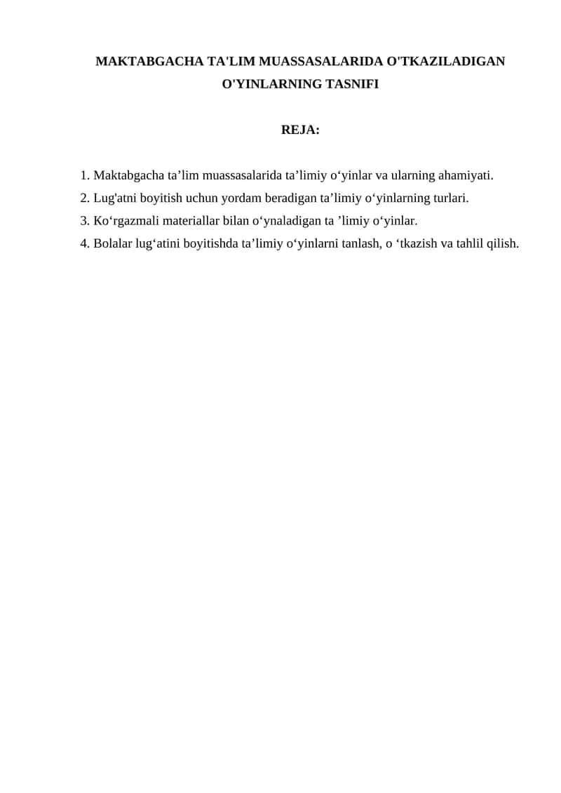 Maktabgacha Ta'lim Muassasalarida O'tkaziladigan O'yinlarning Tasnifi
