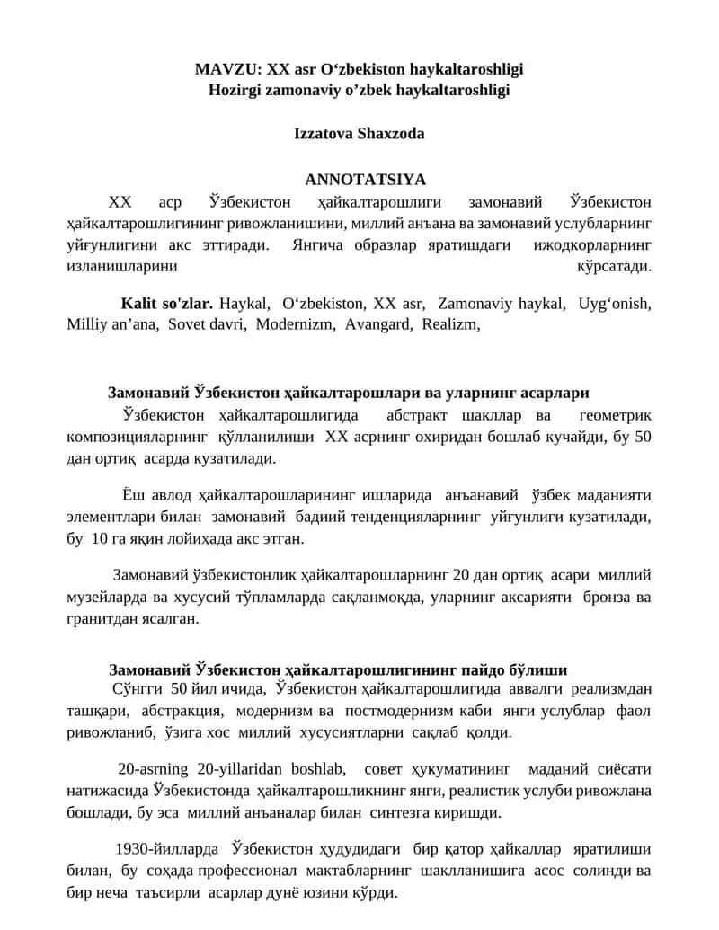 XX asr O‘zbekiston haykaltaroshligi