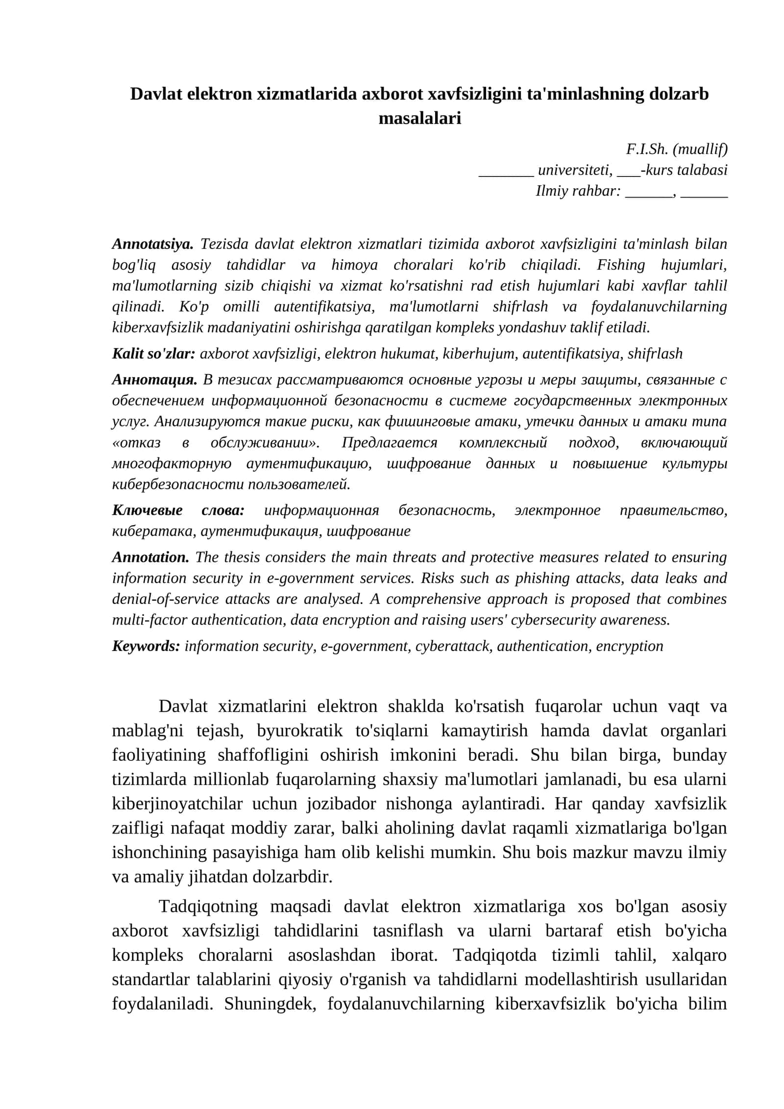 Na'muna tezis 24 Axborot texnologiyalari Davlat elektron xizmatlarida axborot xavfsizligini taminlash namuna
