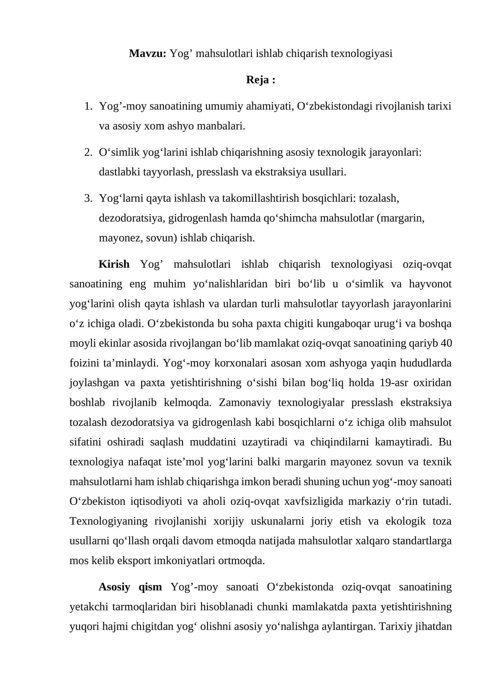 Yog' mahsulotlari ishlab chiqarish texnologiyasi