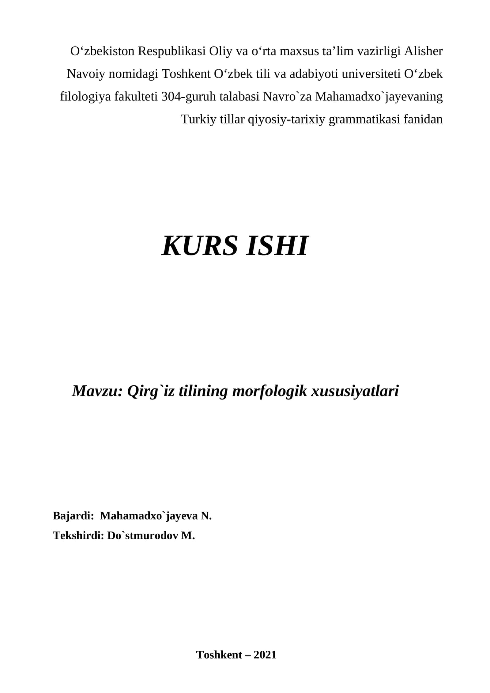 Qirg`iz Tilining Morfologik Xususiyatlari