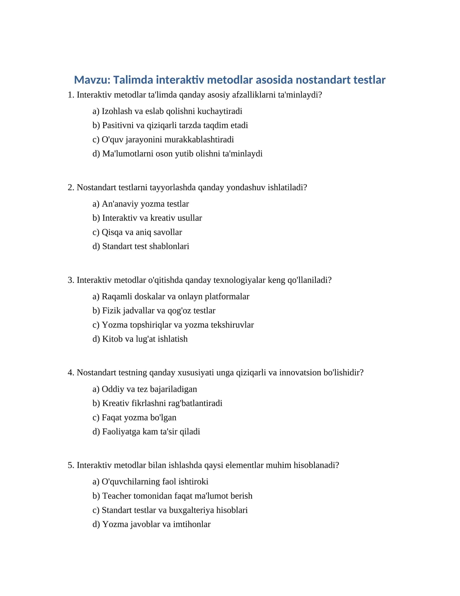 Talimda interaktiv metodlar asosida nostandart testlar