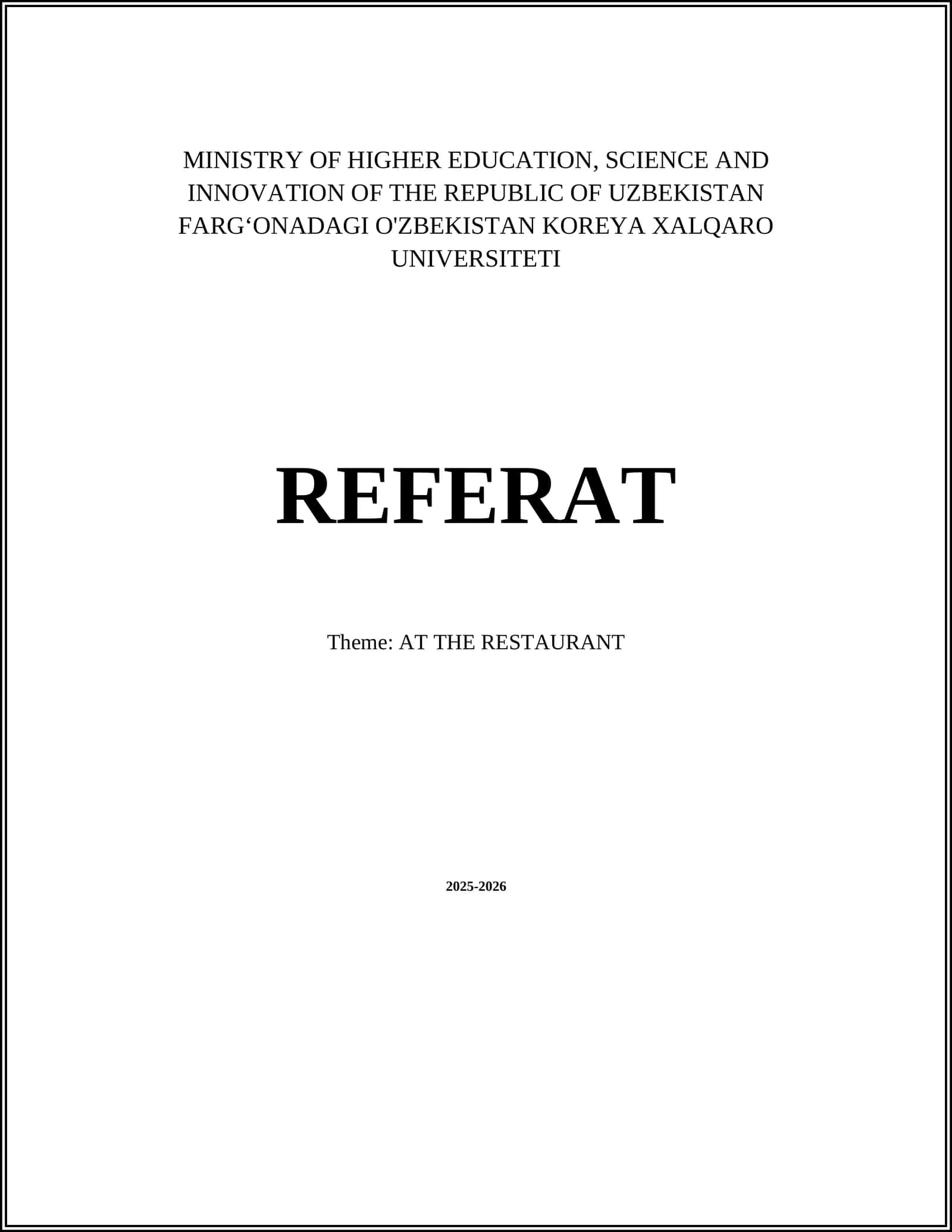 REFERAT - Theme: AT THE RESTAURANT