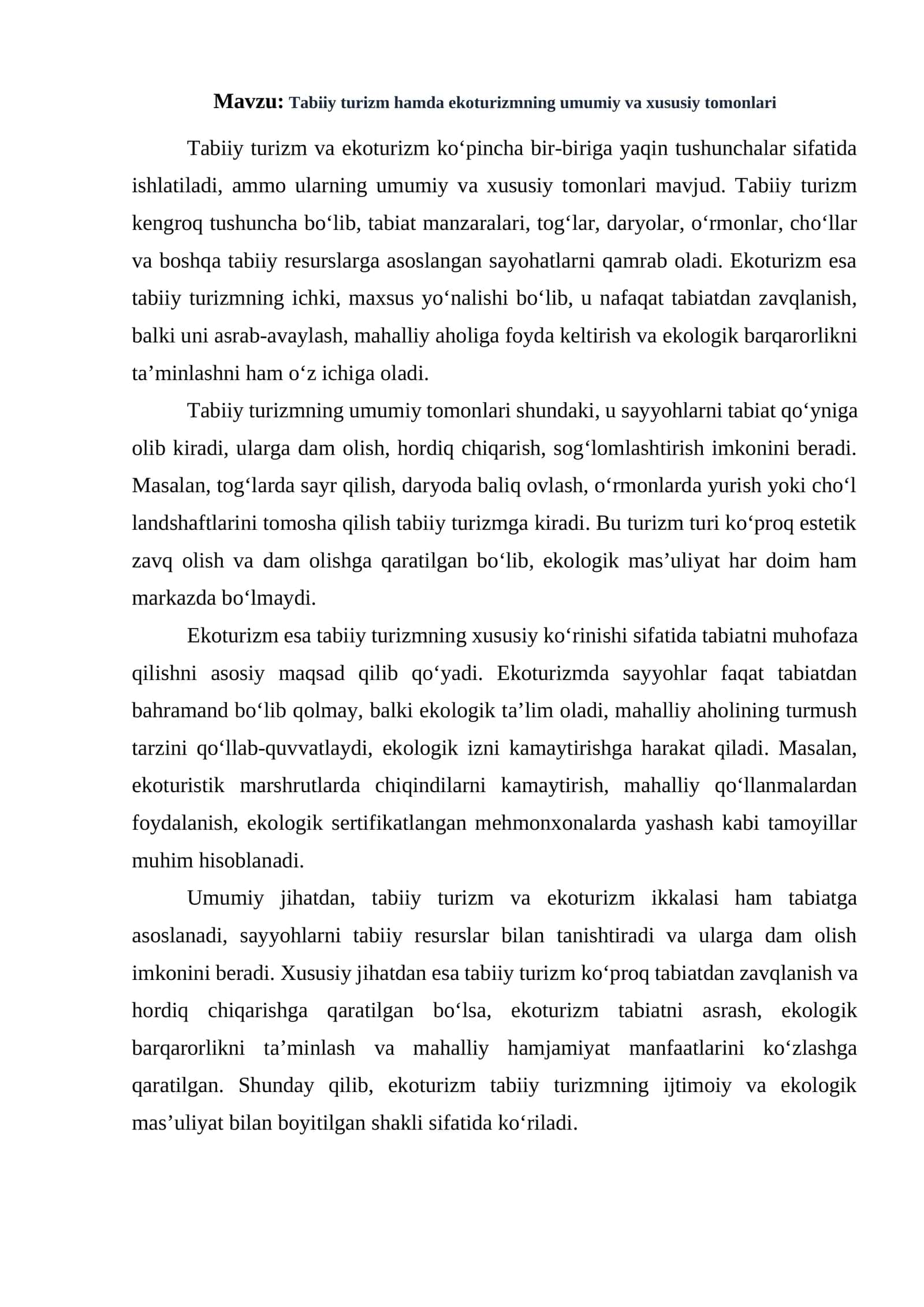 Tabiiy turizm va ekoturizm