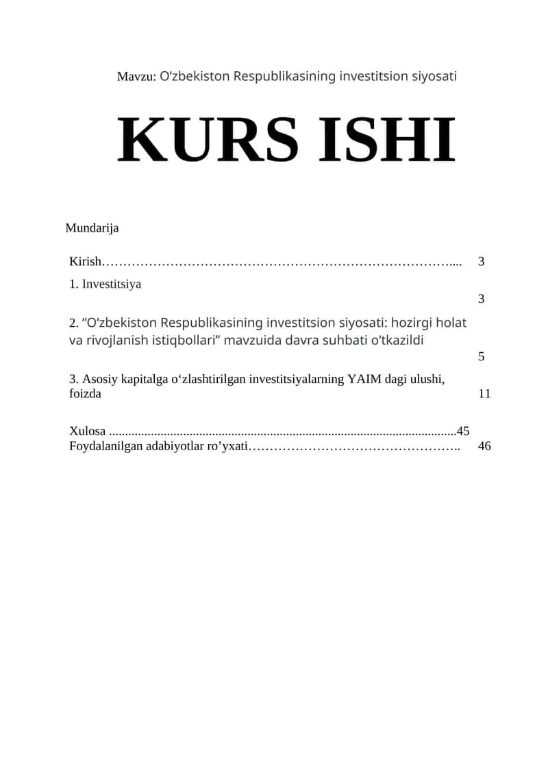 O‘zbekiston Respublikasining investitsion siyosati