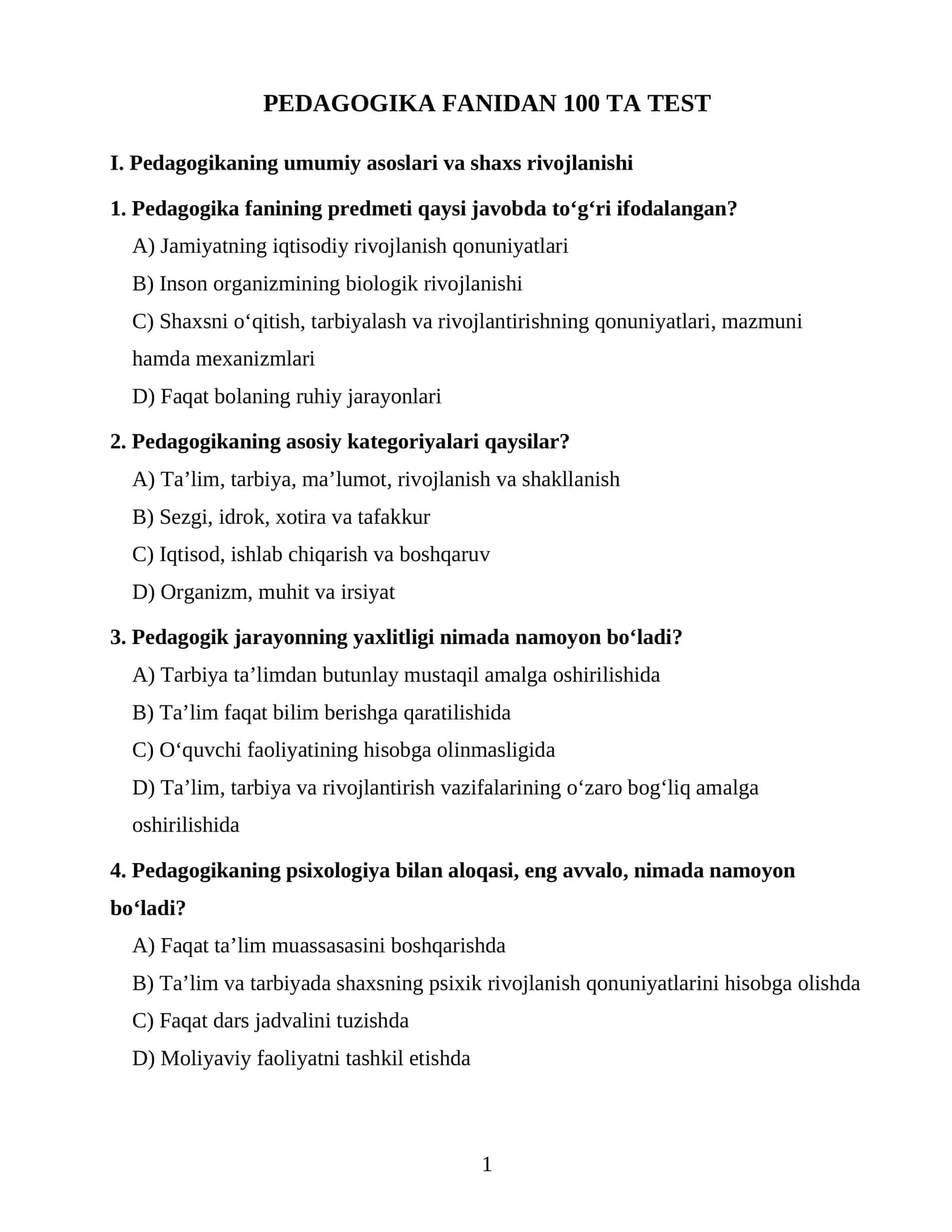 Pedagogika Fanidan 100 ta Test